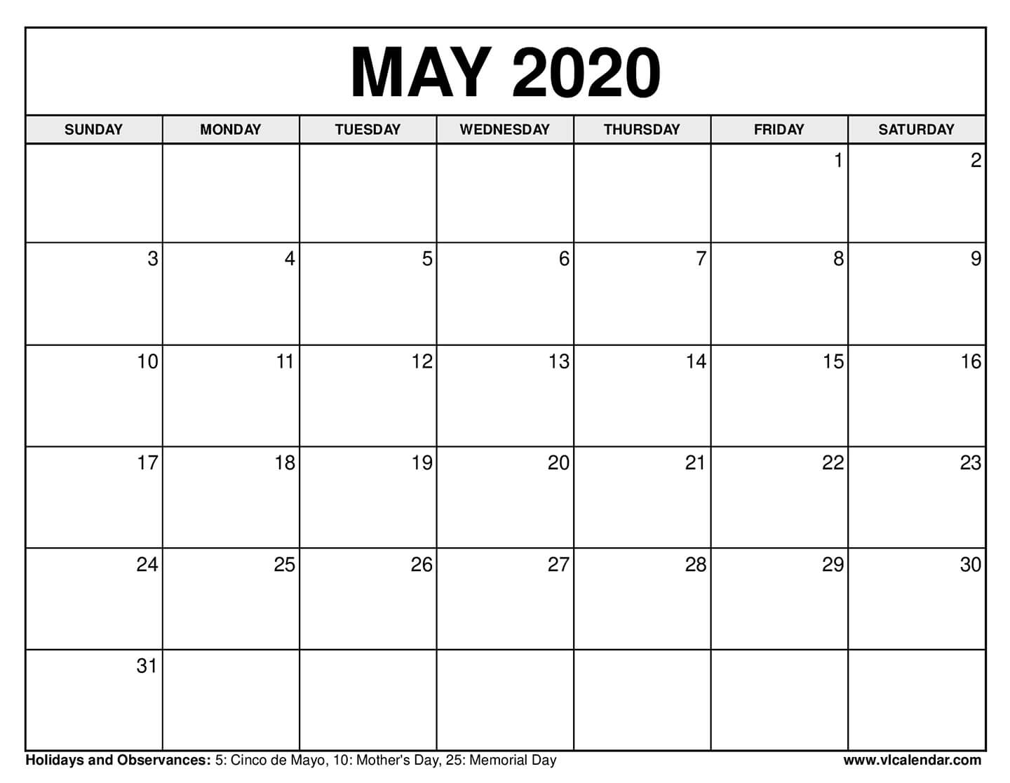 Printable May 2020 Calendars