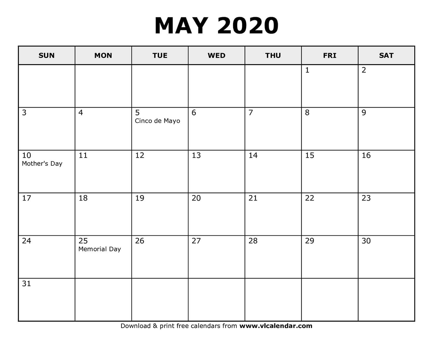 Calendar 2020 Memorial Day Month Calendar Printable