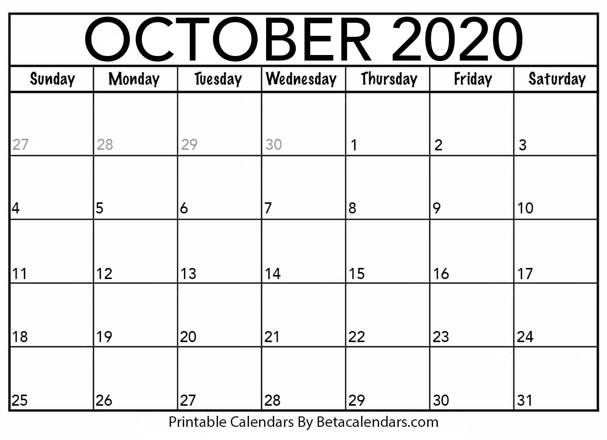 Printable October 2020 Calendar - Beta Calendars