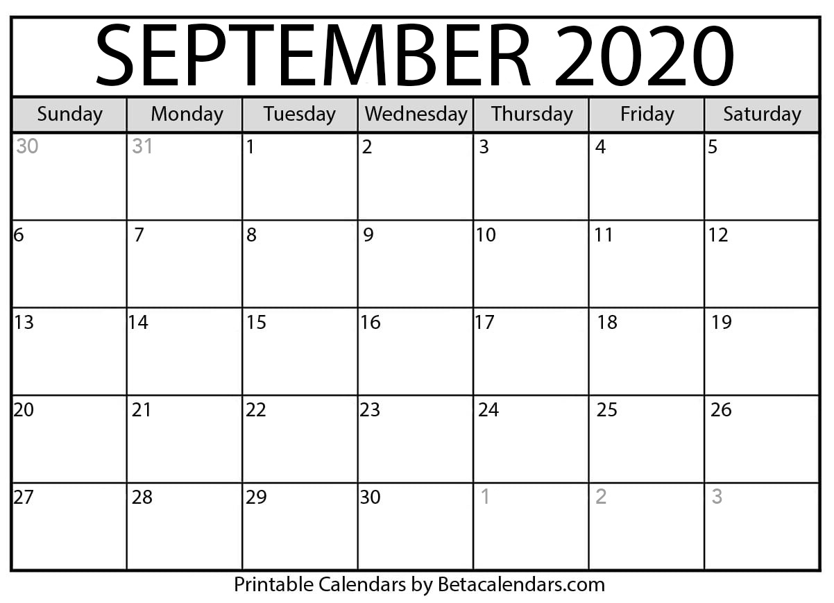 Printable September 2020 Calendar - Beta Calendars