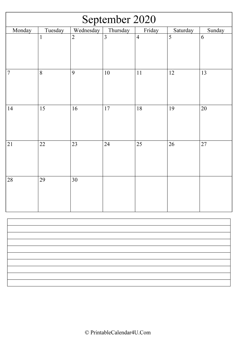 Printable September Calendar 2020 With Notes (Portrait)