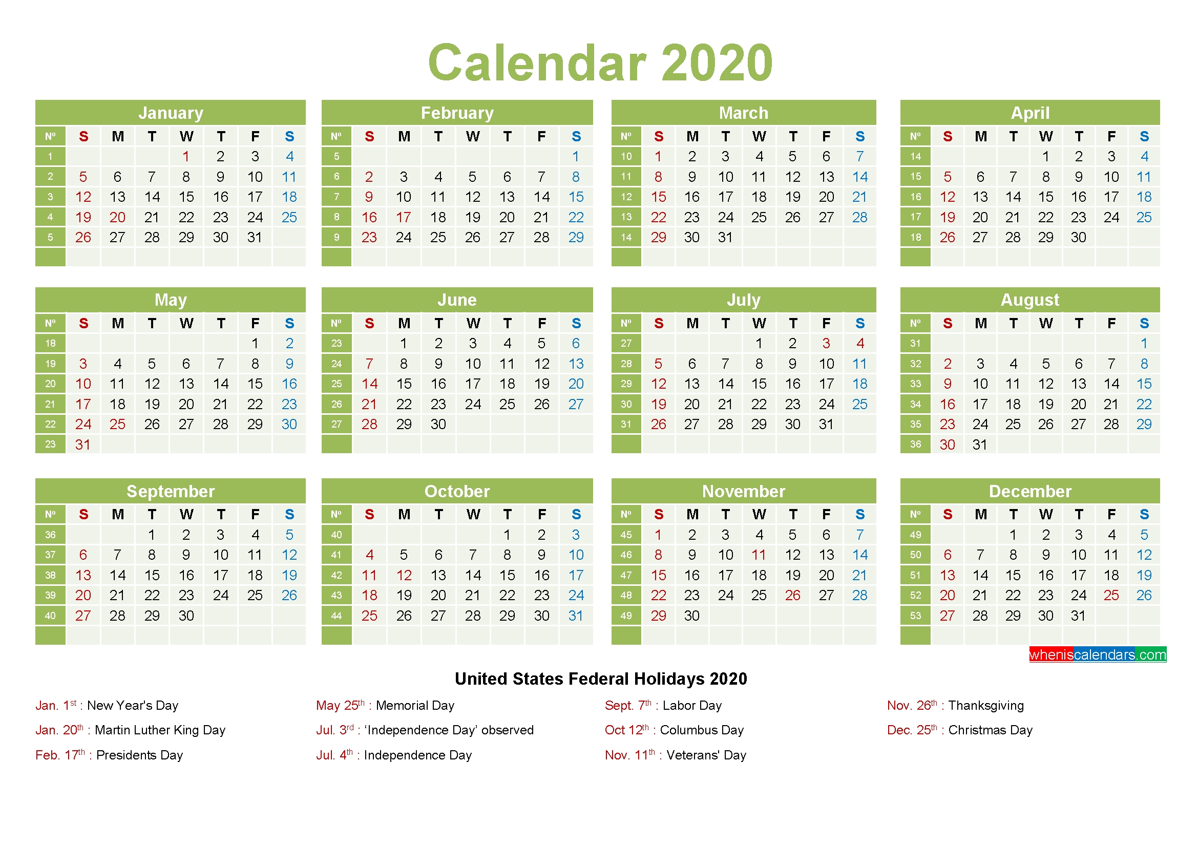 Printable Yearly 2020 Calendar With Holidays Word, Pdf