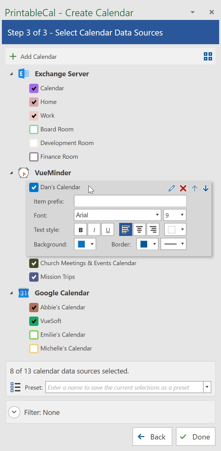 Printablecal | Step 3: Select Calendar Data Sources