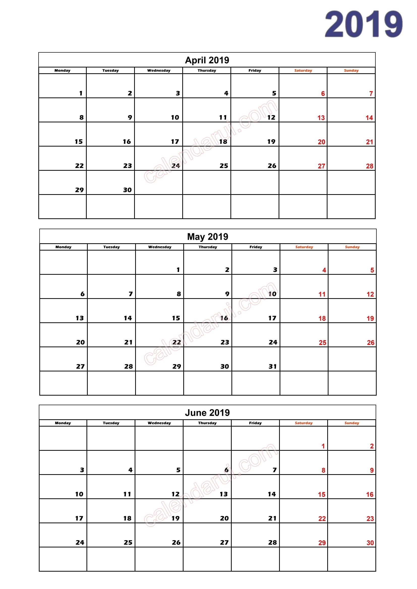 Quarterly Calendar 2019 Printable Download Free (With Images