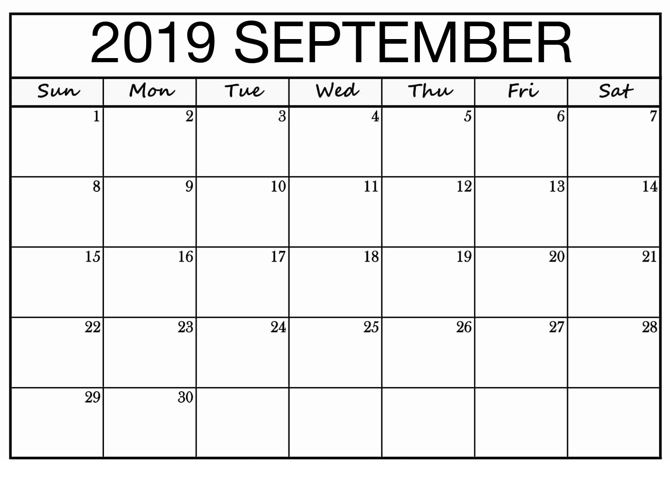 September 2019 Calendar Printable Large Print Sheet - Latest