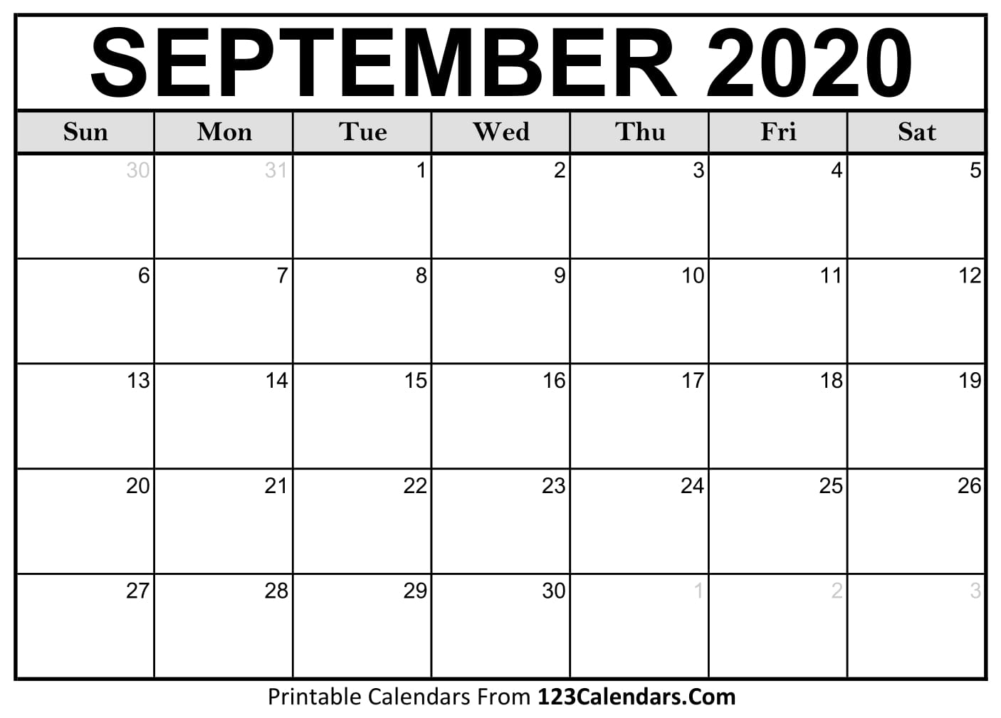 September 2020 Printable Calendar | 123Calendars