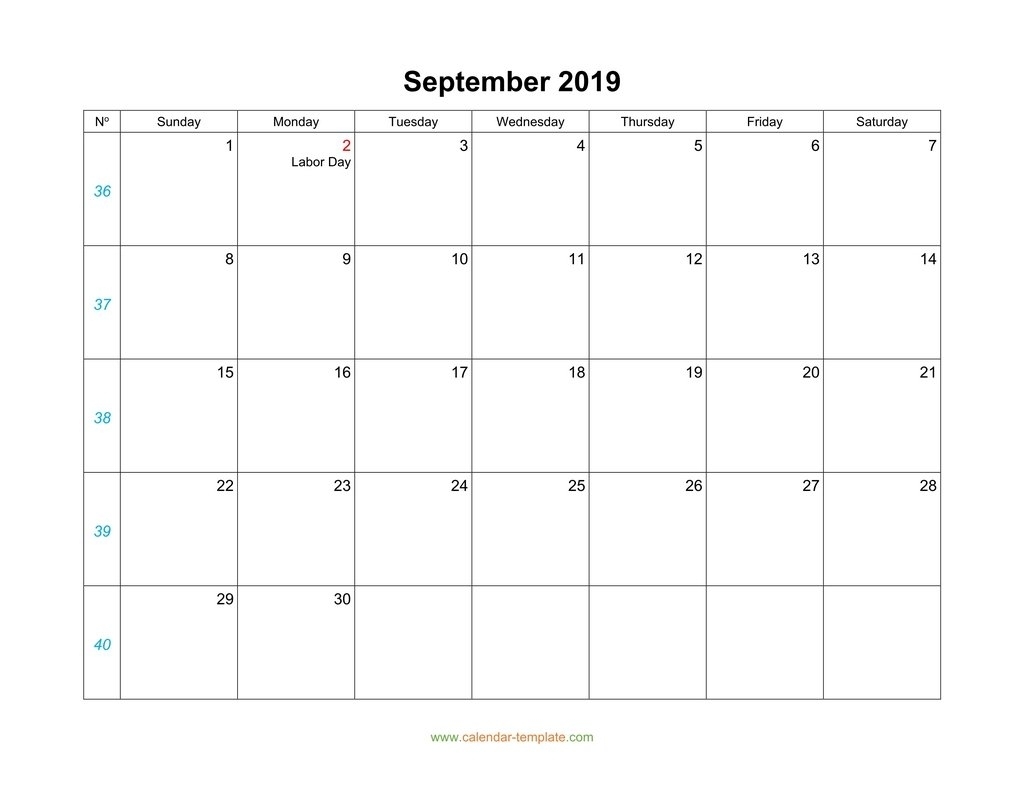September Calendar 2019 Blank Template