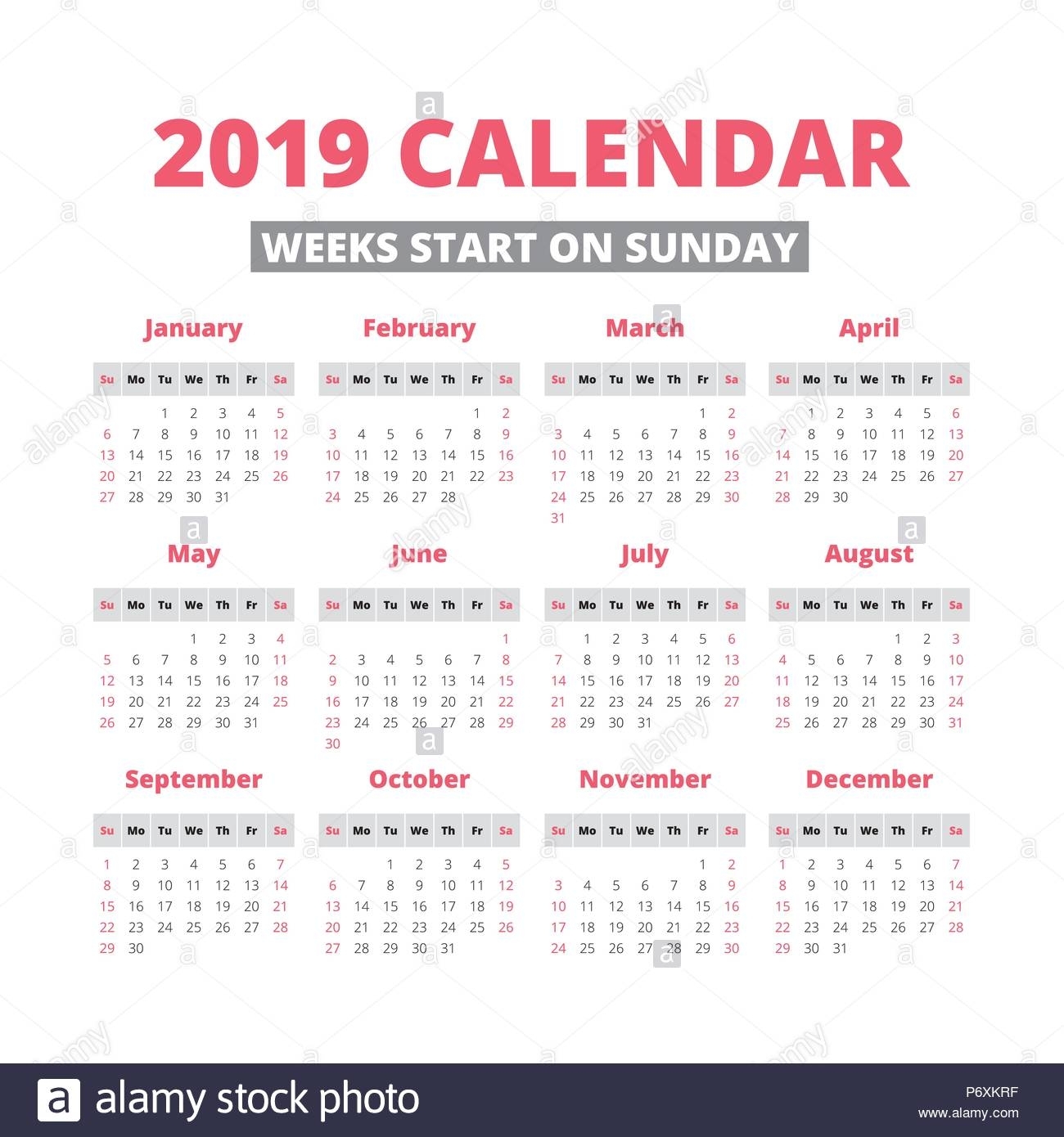 Simple 2019 Year Calendar, Week Starts On Sunday Stock