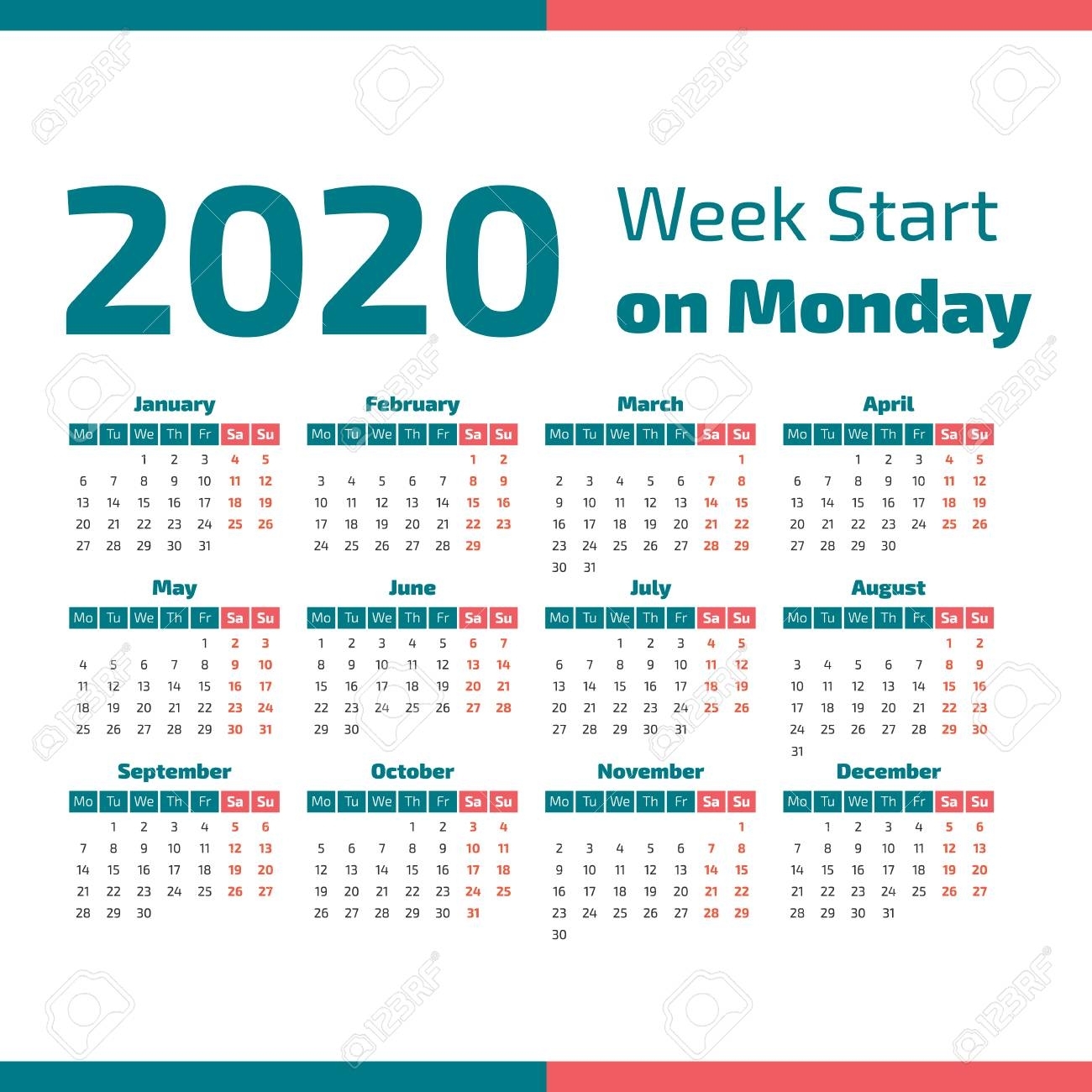 Simple 2020 Year Calendar, Week Starts On Monday Vector Illustration