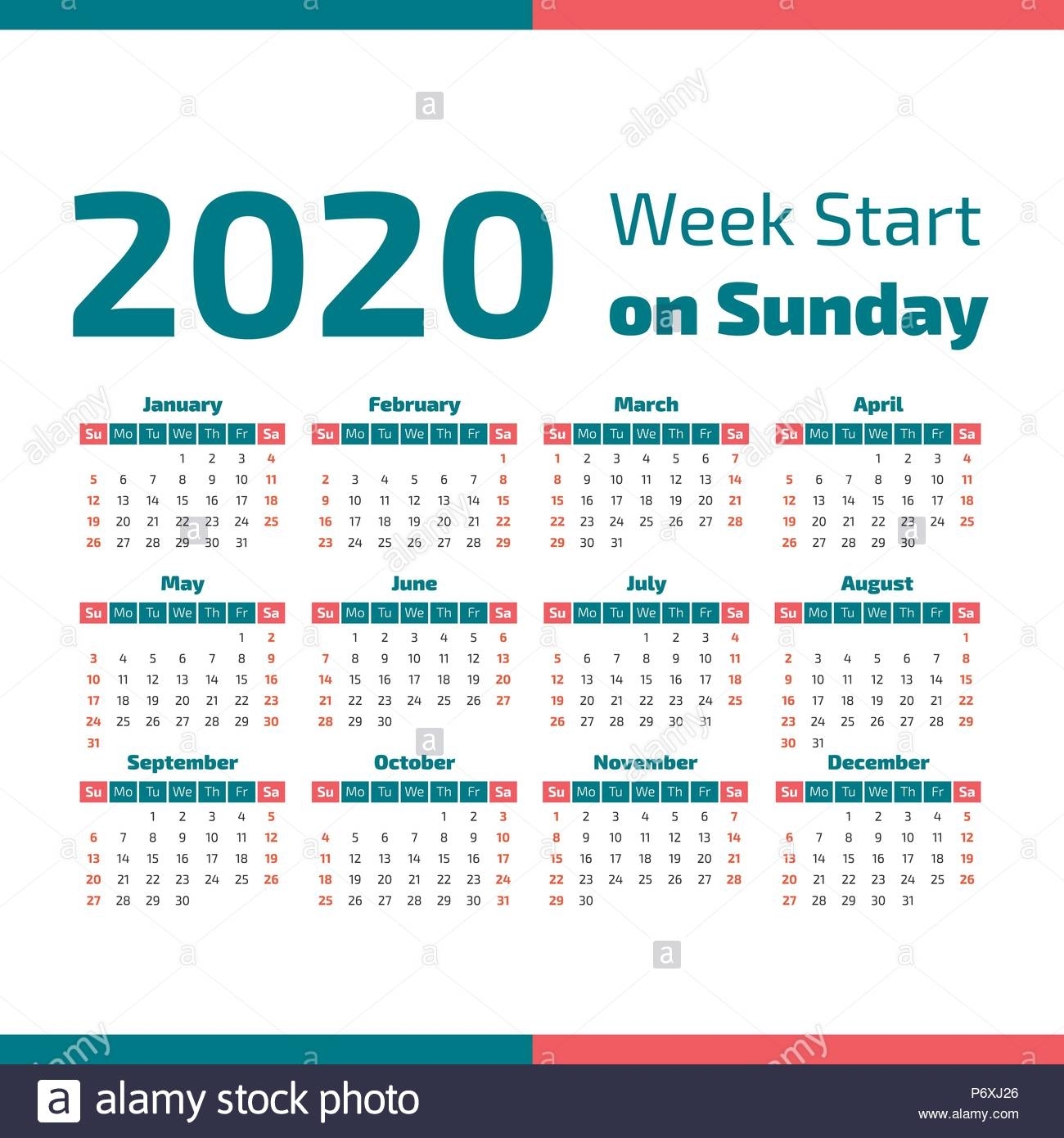 Simple 2020 Year Calendar, Week Starts On Sunday Stock