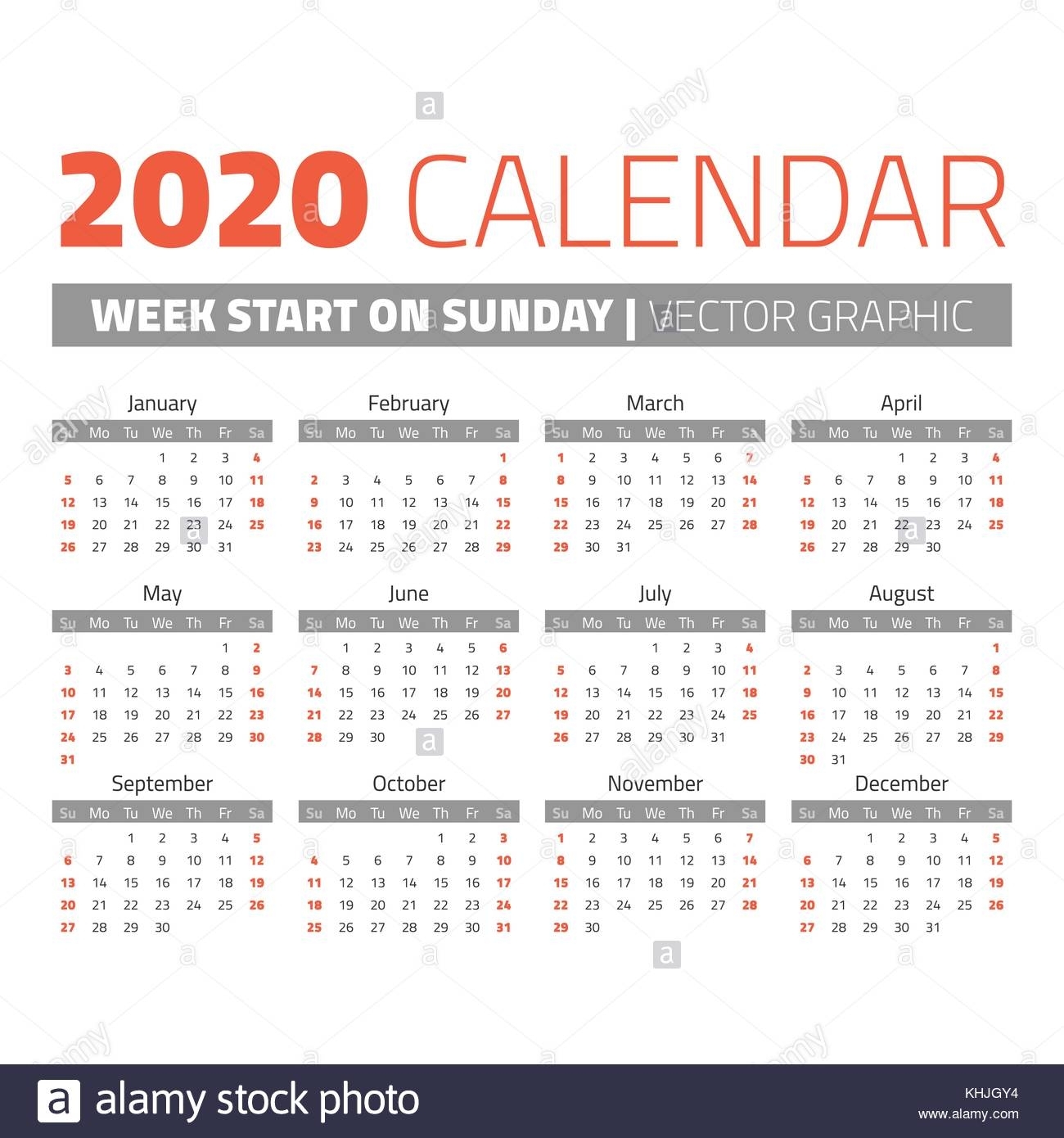 Simple 2020 Year Calendar. Weeks Start On Sunday Stock