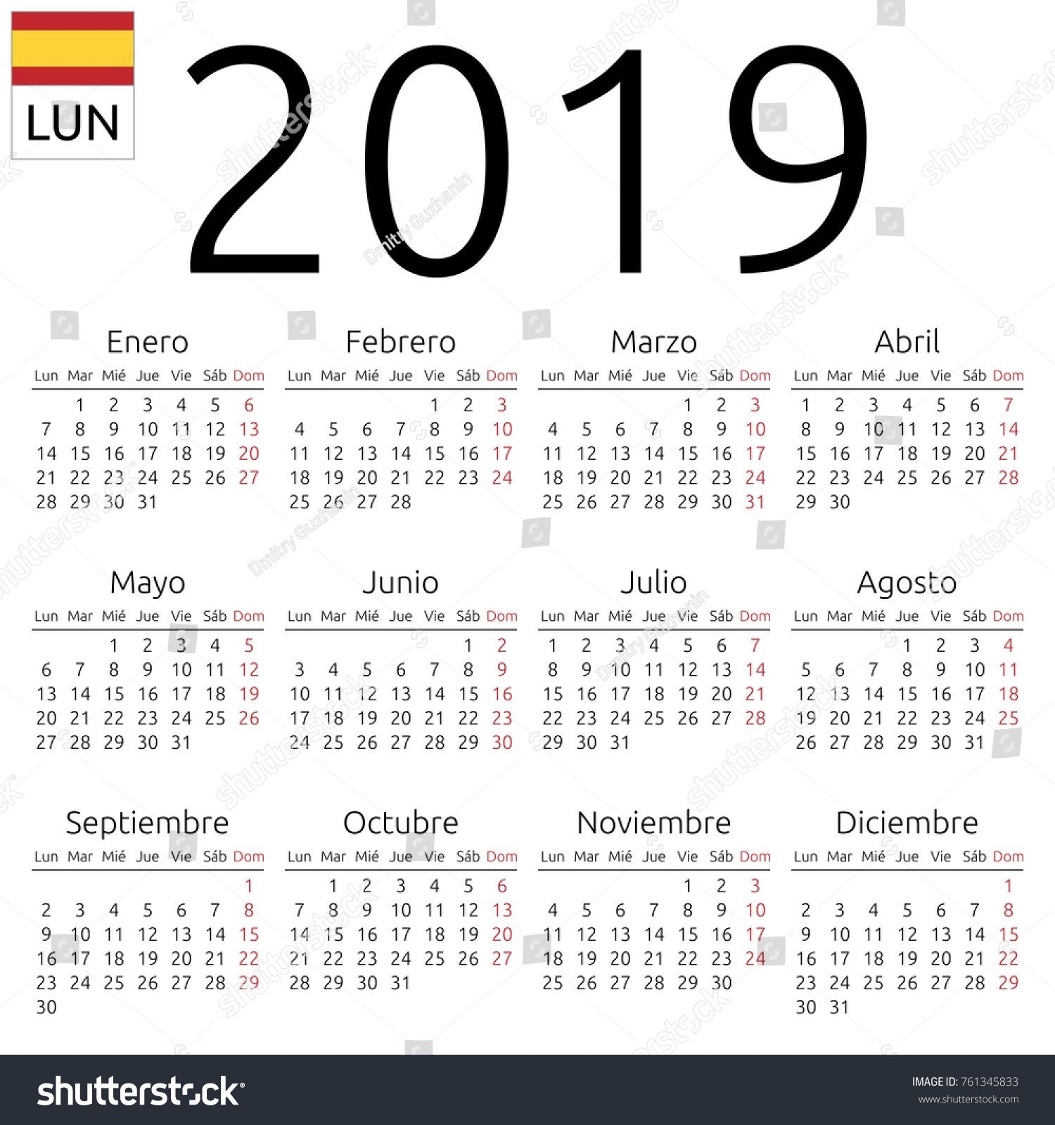 Simple Annual 2019 Year Wall Calendar. Spanish Language