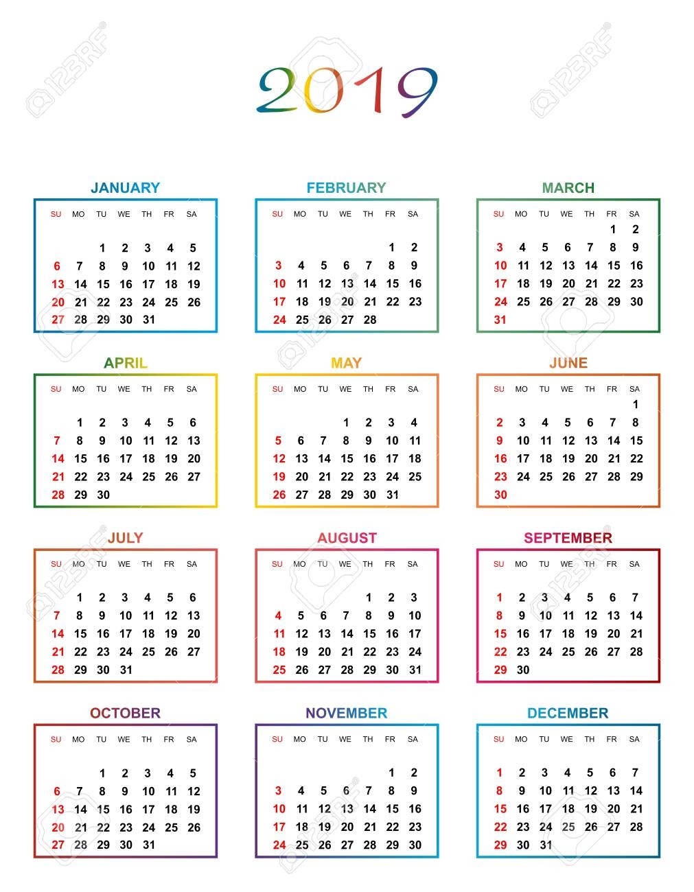 Simple Color Calendar For The Year 2019. The Names Of Days And..
