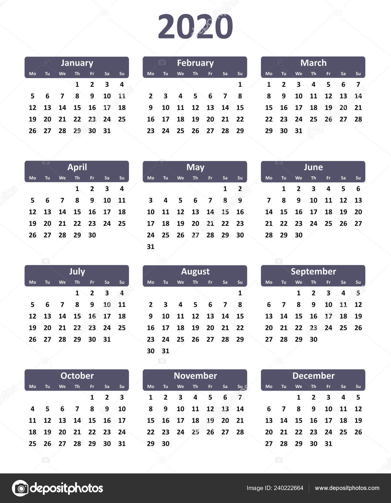 Simple Editable Vector Calendar Year 2020 — Stock Vector