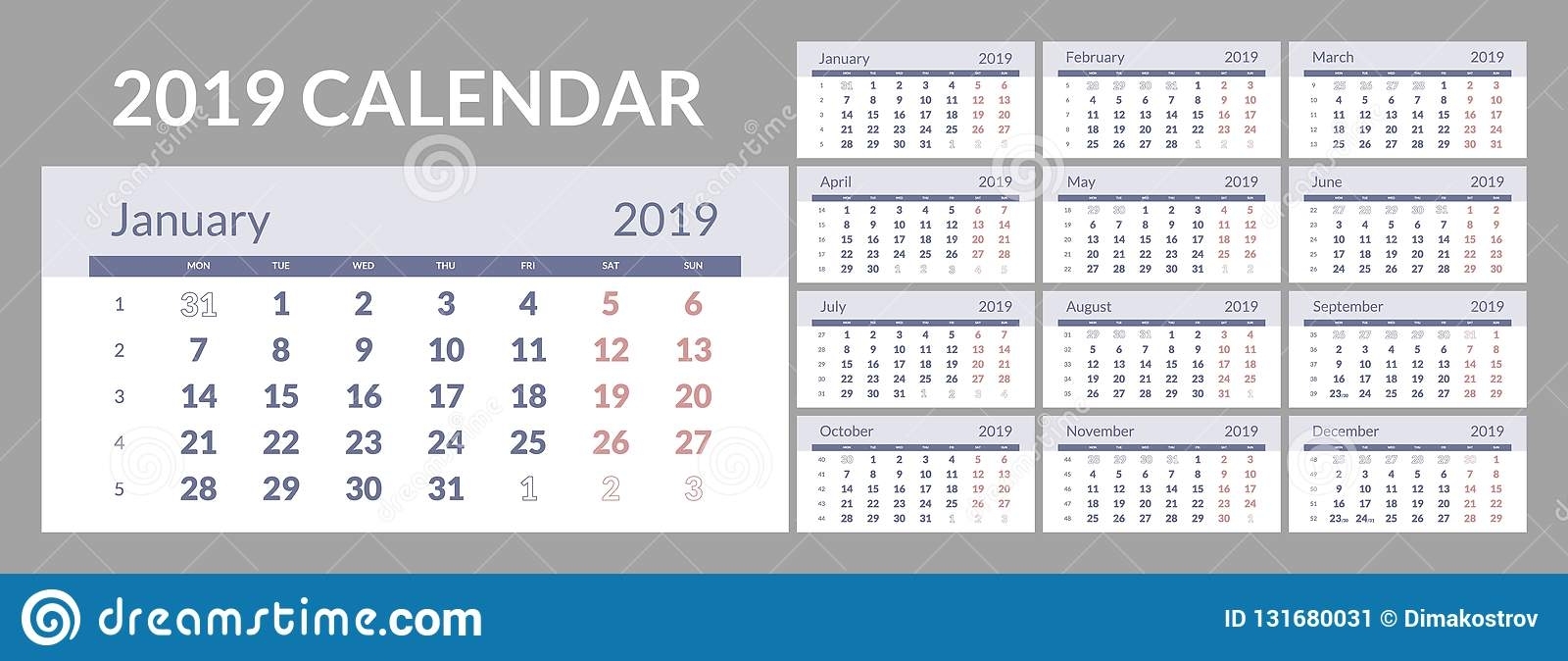 The Calendar For The 2019 New Year Printable Stock Vector