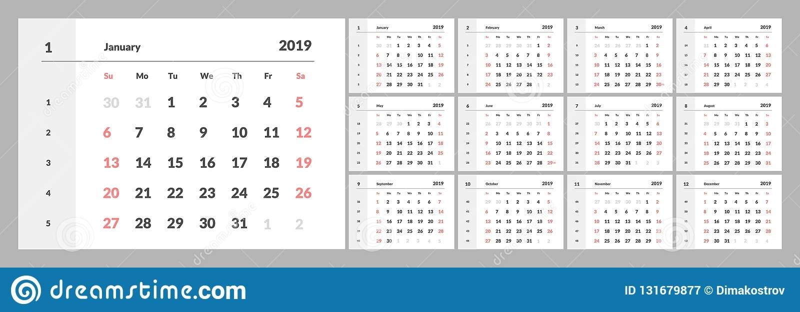 The Calendar For The 2019 New Year Printable Stock Vector