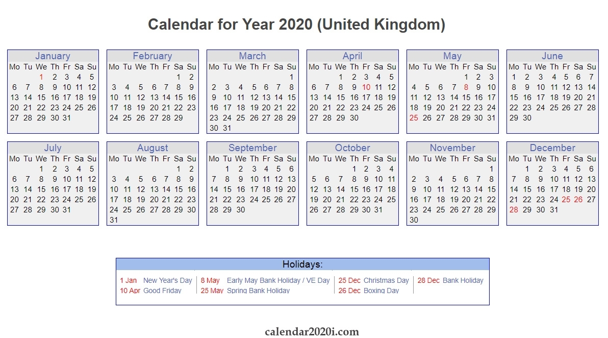 Uk 2020 Calendar Printable, Wallpapers, Holidays, Pdf, Excel