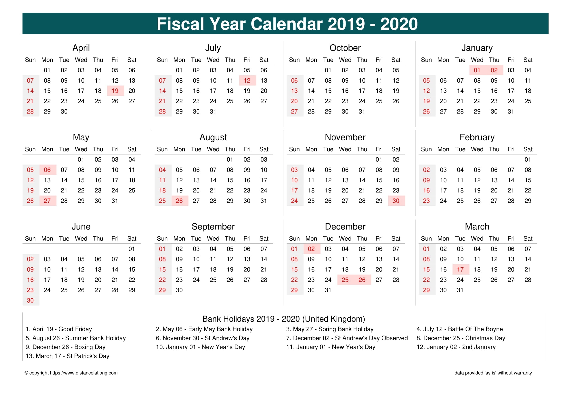 United Kingdom Fiscal Year 2019-2020 Calendar Templates