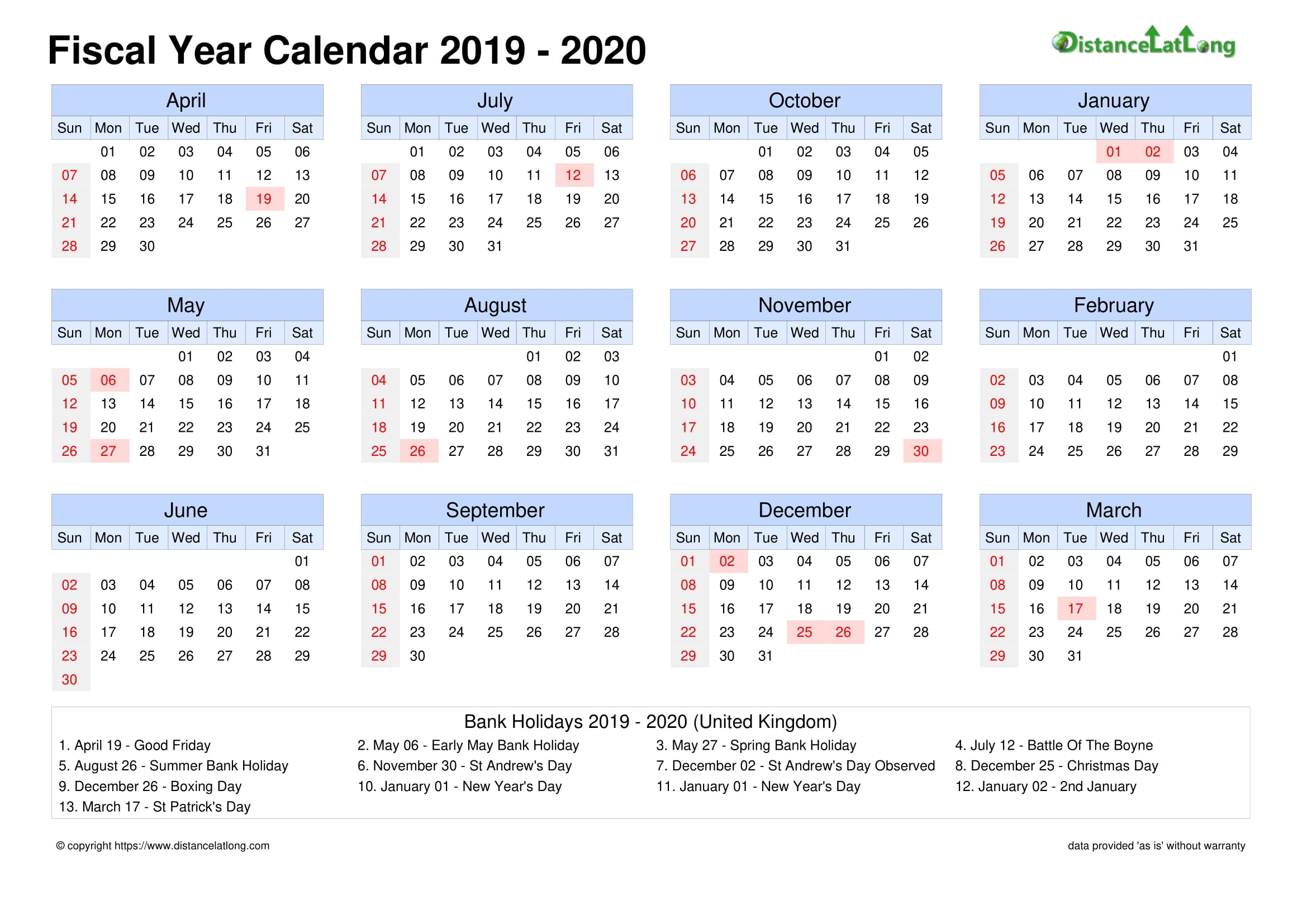 United Kingdom Fiscal Year 2019-2020 Calendar Templates