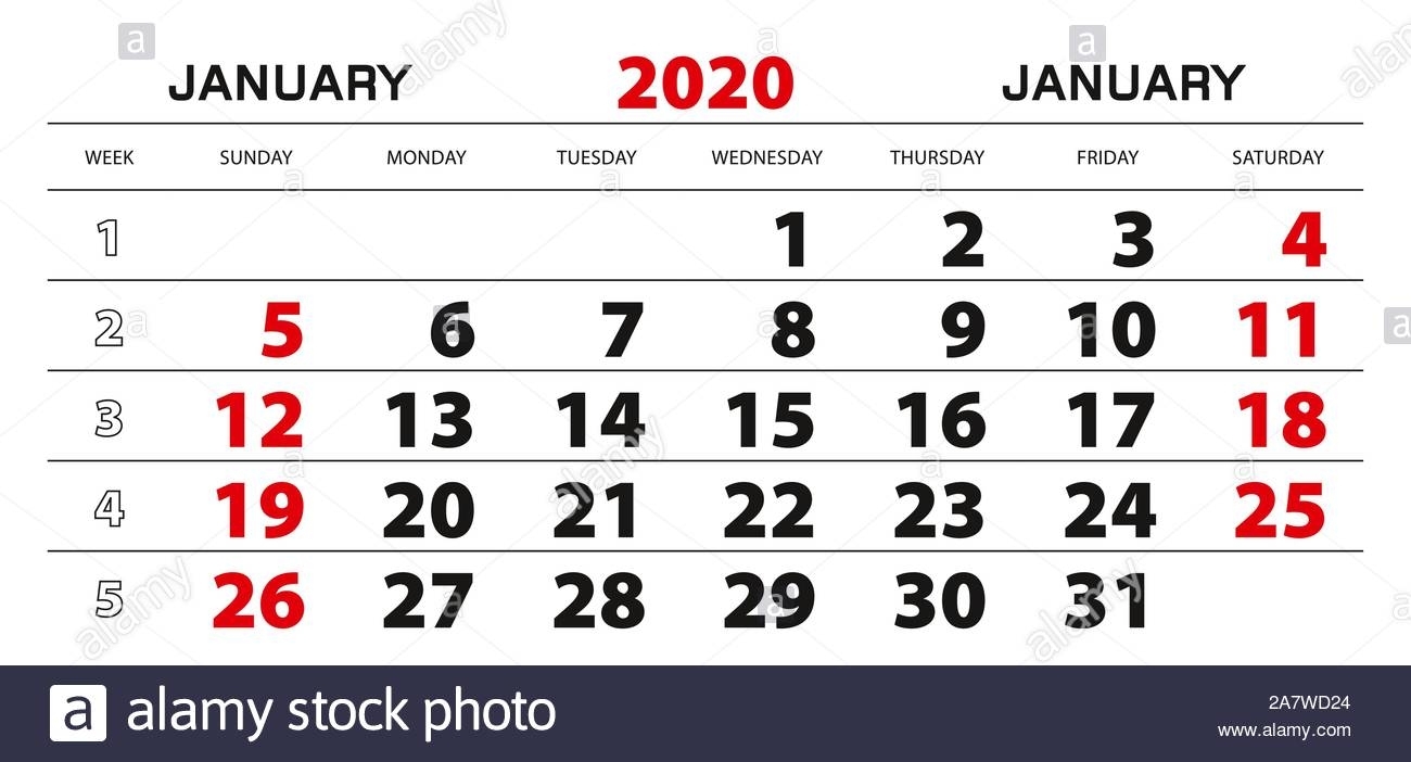 Wall Calendar 2020 For January, Week Start From Sunday