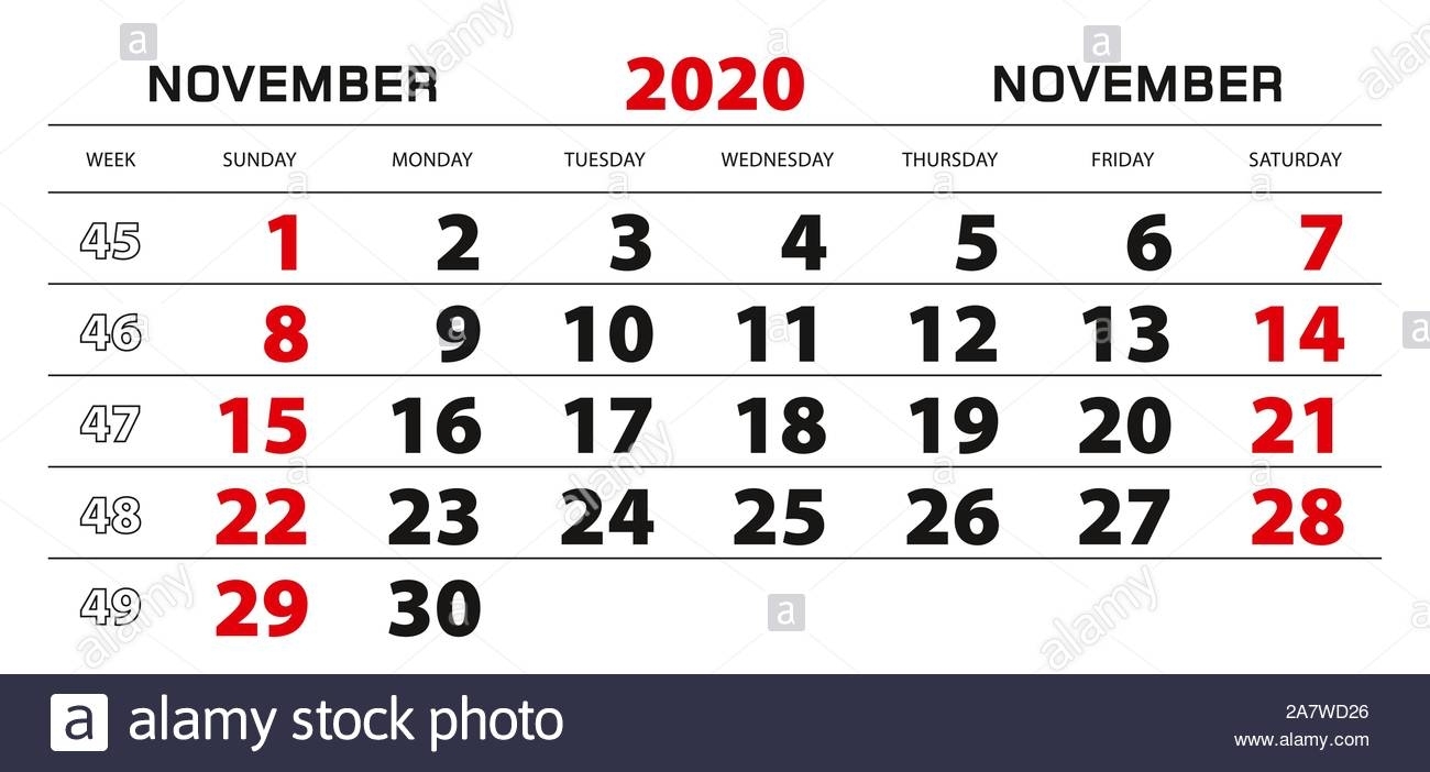 Wall Calendar 2020 For November, Week Start From Sunday