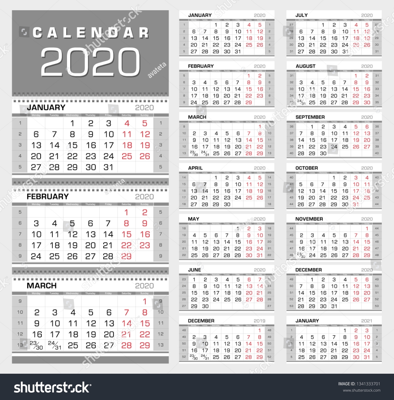 Wall Quarterly Calendar 2020 Week Numbers Stock Vector