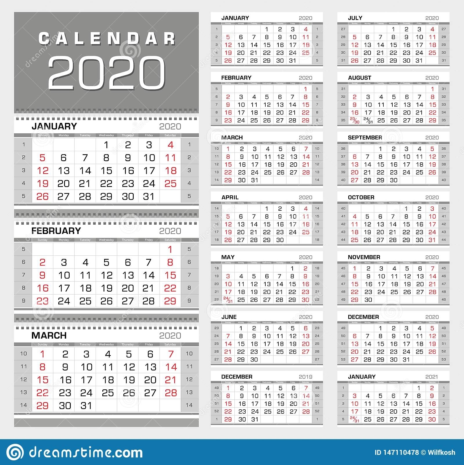 Wall Quarterly Calendar 2020 With Week Numbers. Week Start