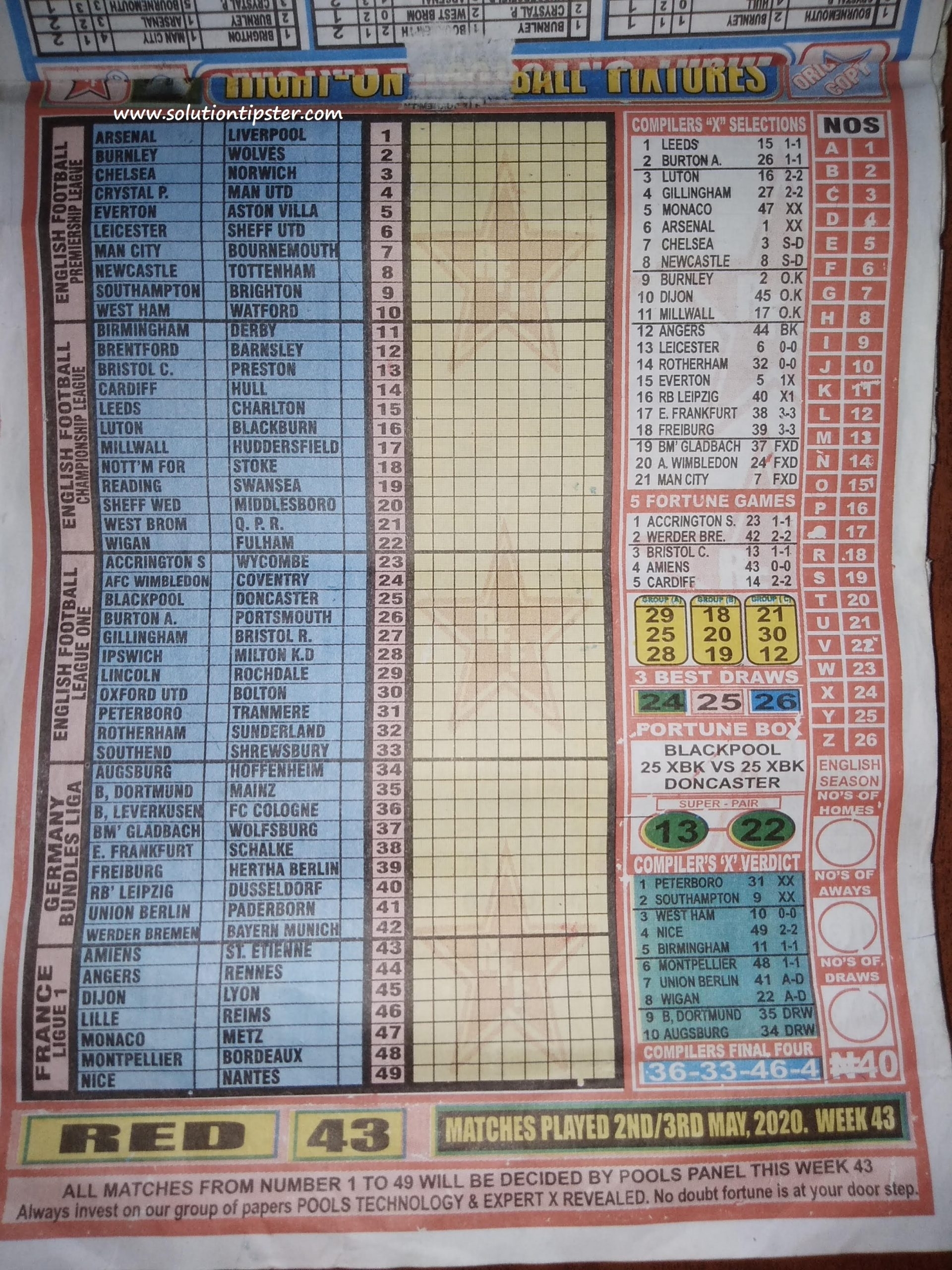 Week 43 Pools Rsk Papers 2020: Soccer, Bob Morton, Capital