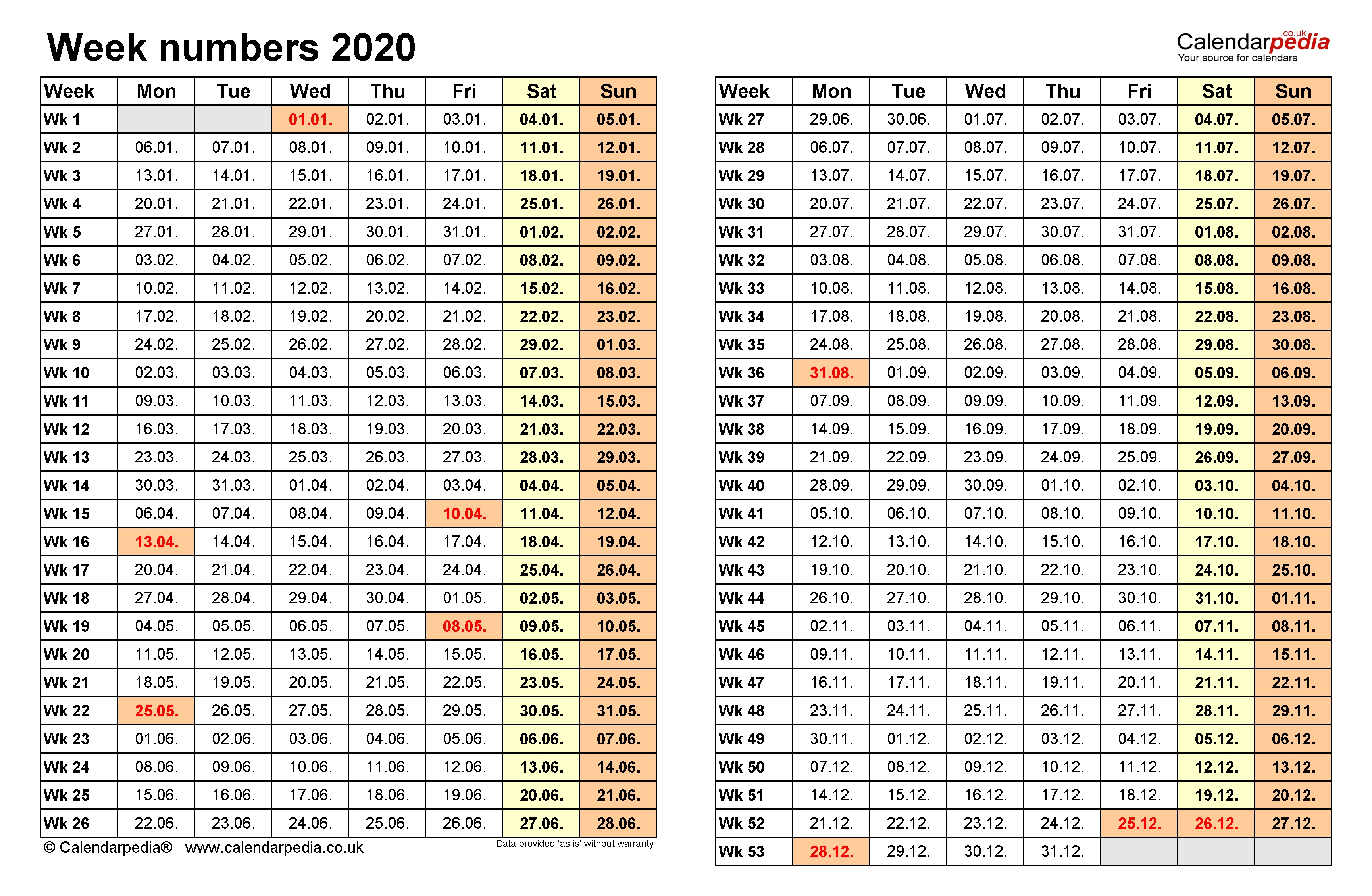 Week Numbers 2020 With Excel, Word And Pdf Templates