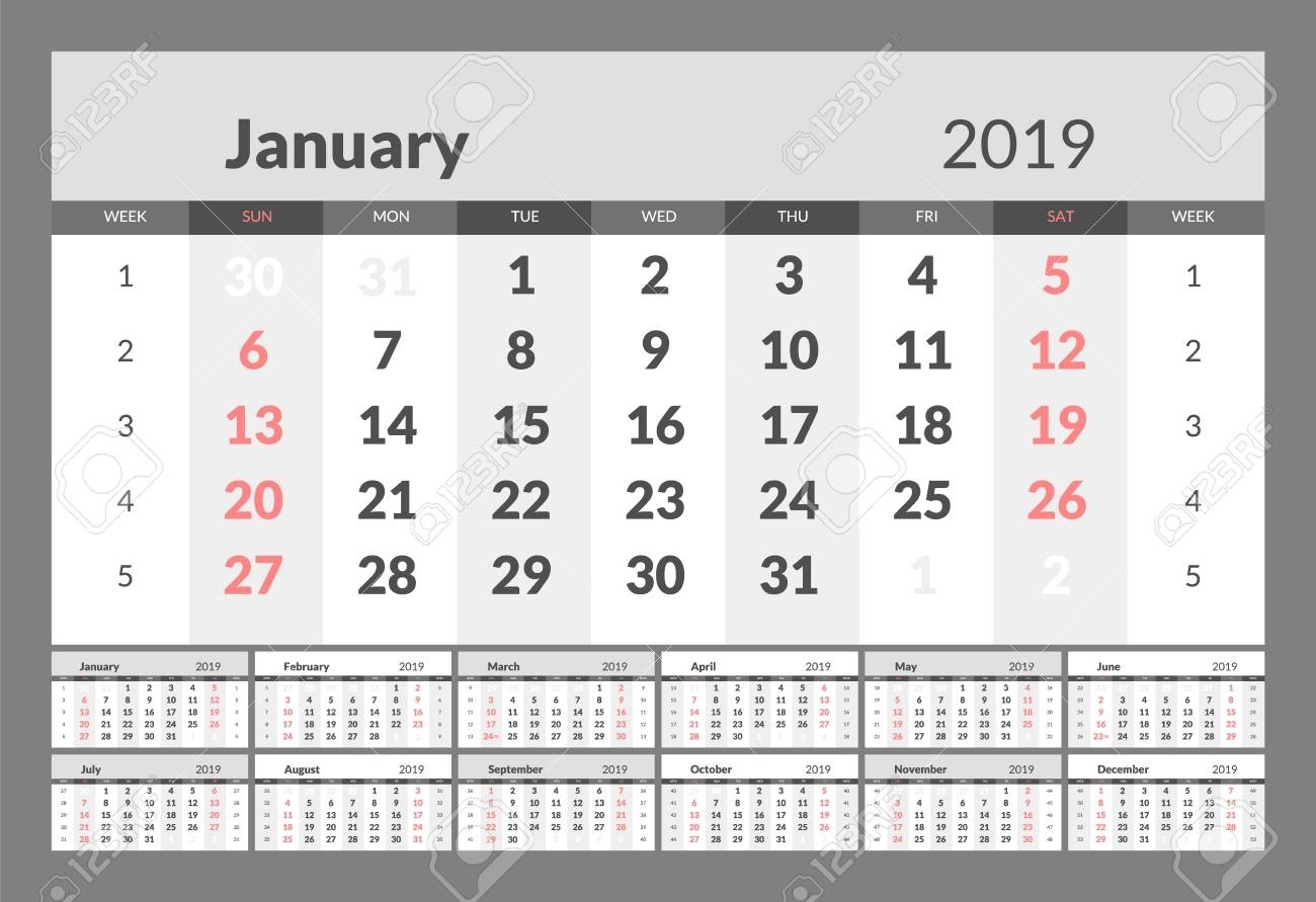 Year 2019 Calendar Horizontal Vector Design Template With Numbers..