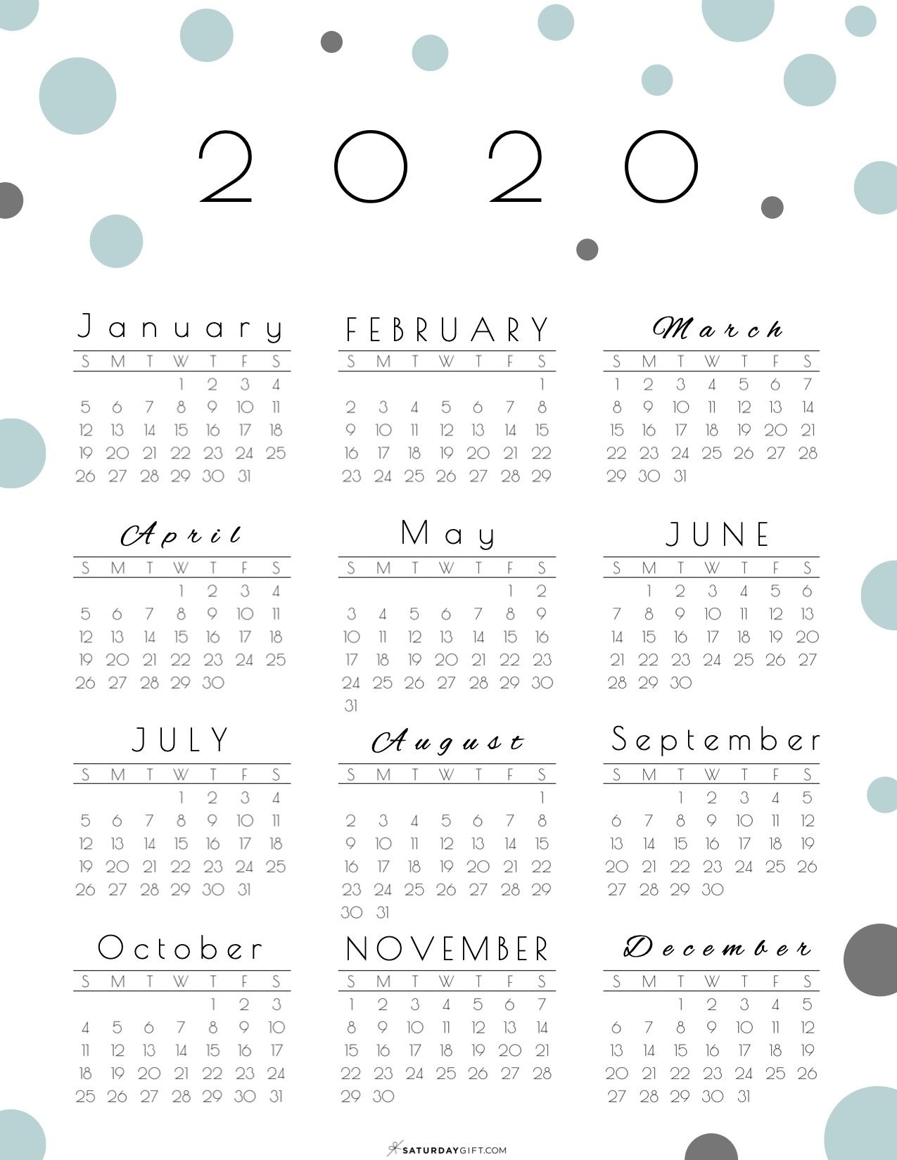 Year At A Glance Calendar 2020 - Pretty (And Free