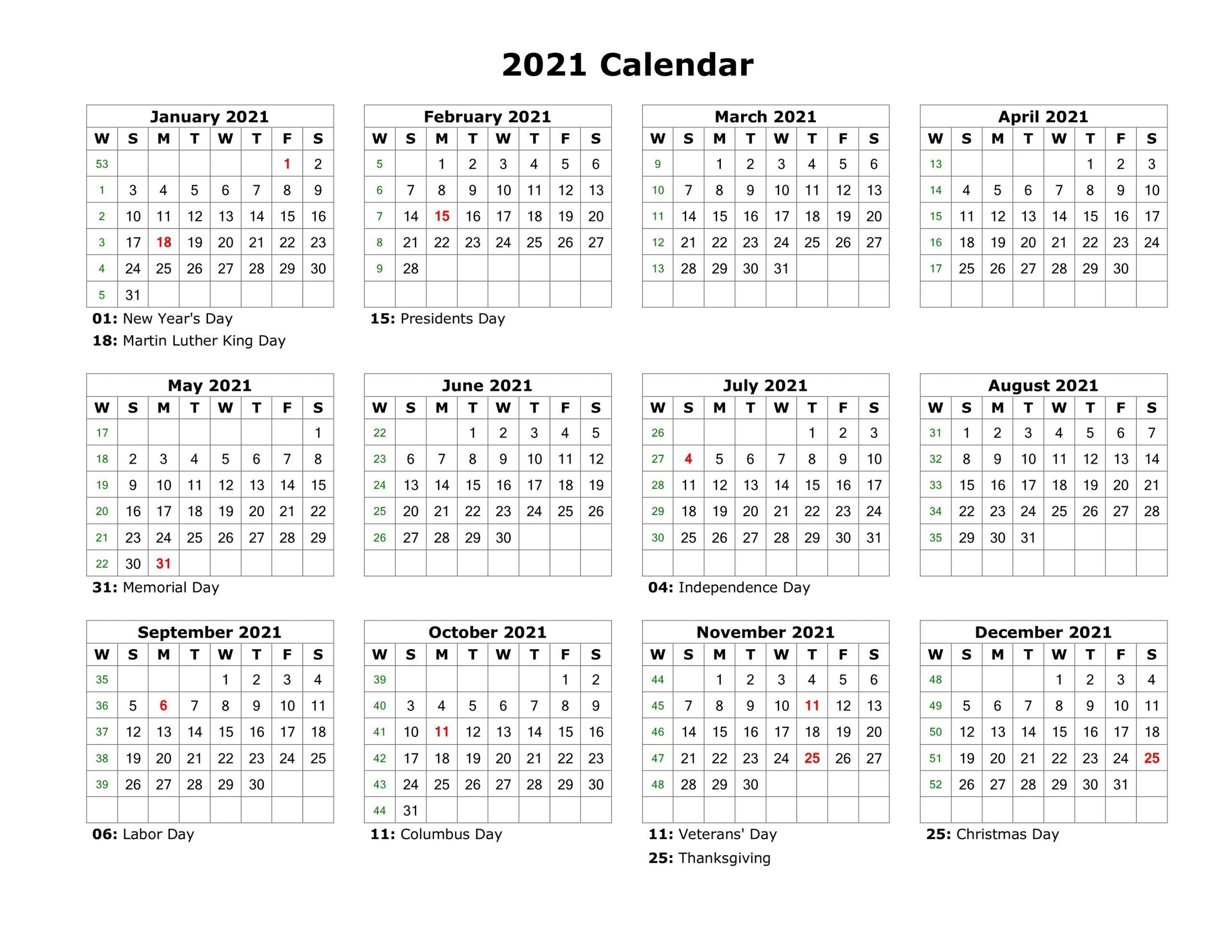 Year At A Glance Calendar 2021 Printable Free For