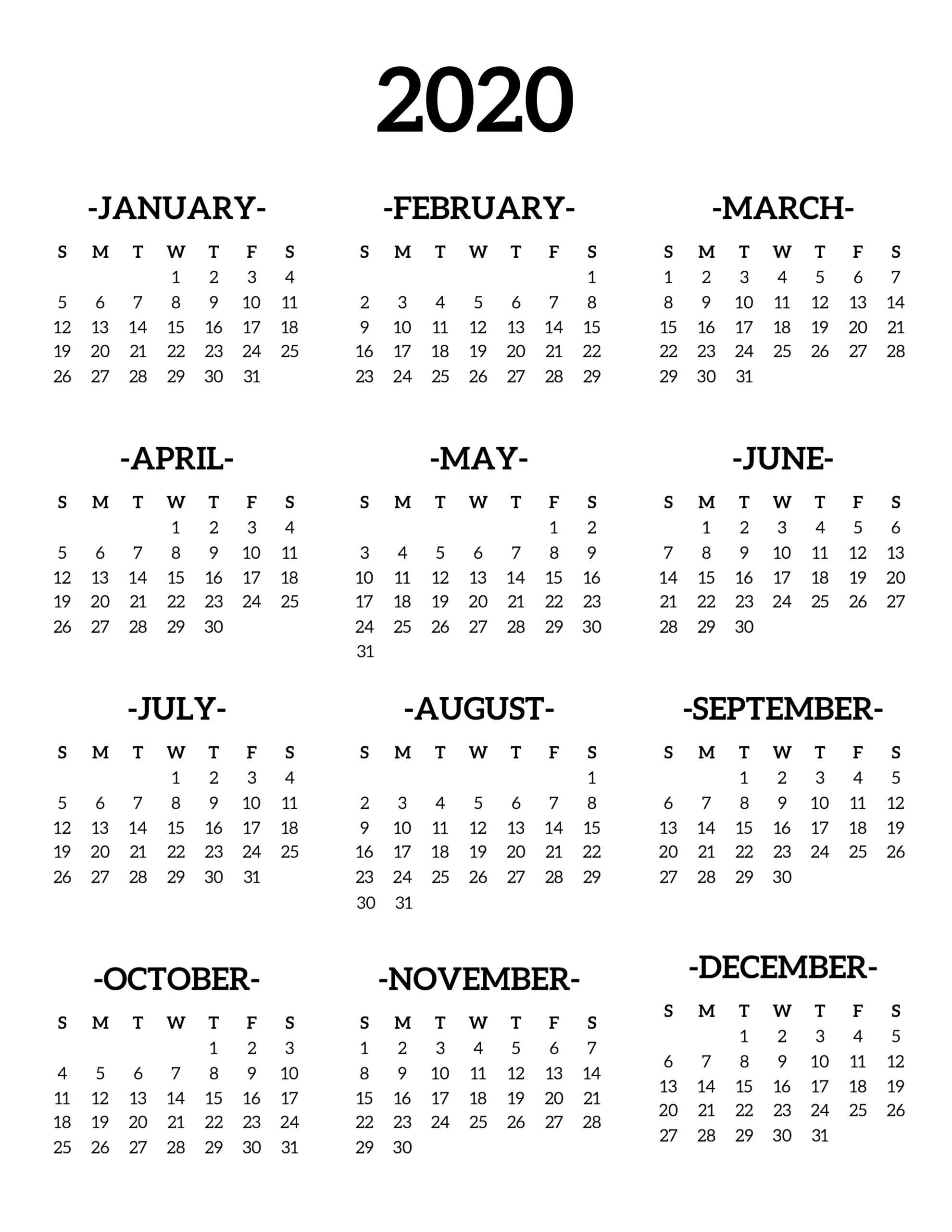 Year Calendar 2020 Printable(이미지 포함) | 데일리 플래너