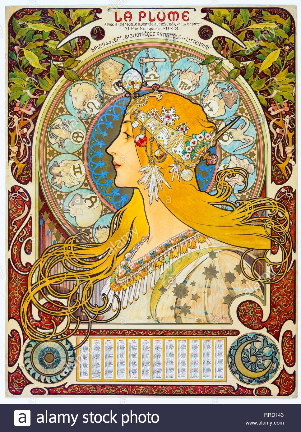Zodiac (La Plume) 1896-1897, Alphonse Mucha, Art Nouveau