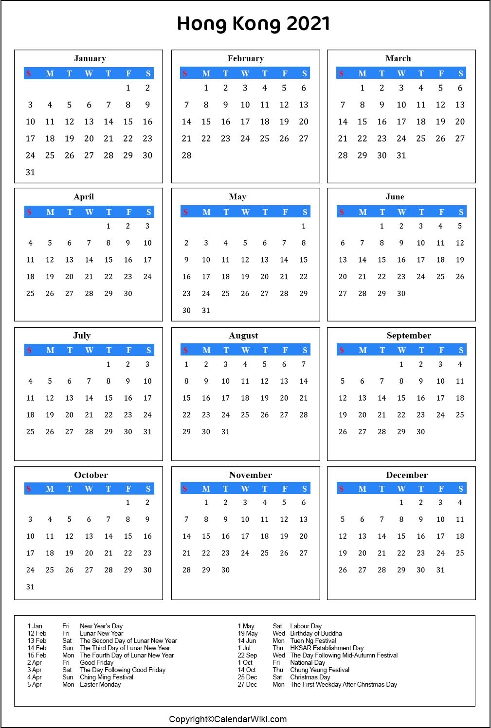 12 Month 2021 Calendar Hong Kong Public Holidays