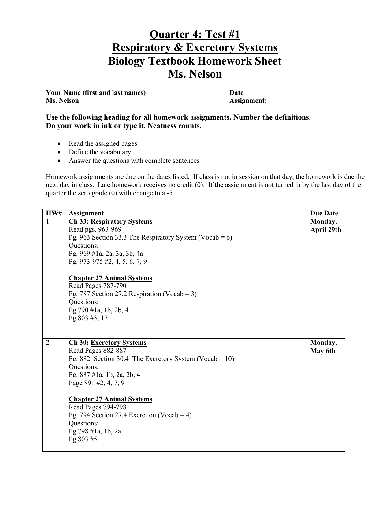 1St Quarter Biology Homework Sheet