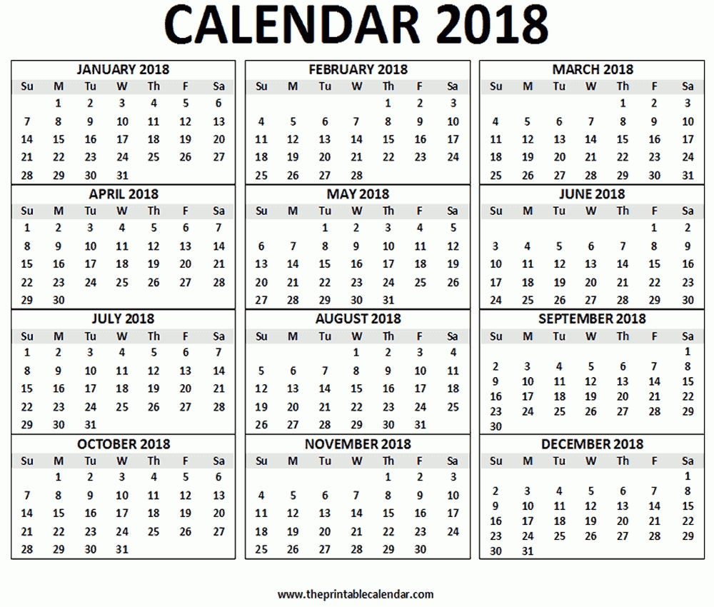 2018 Calendar Printable- 12 Months Calendar On One Page