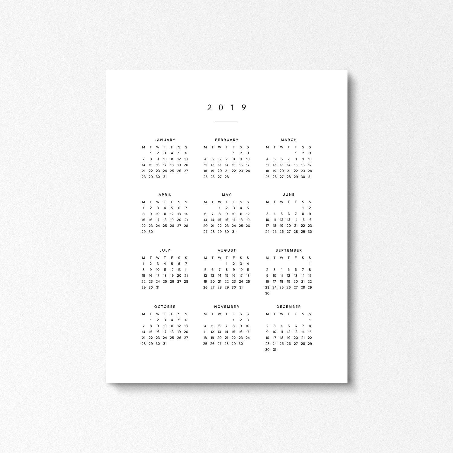 2019 Calendar, Large Digital Year At A Glance Calendar, Monday Start,  Modern Printable, Wall Calendar, Calendar Planner, Black And White