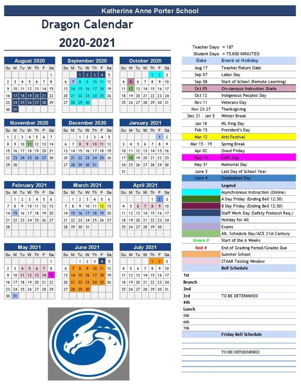 2020-2021 Calendar — Katherine Anne Porter School