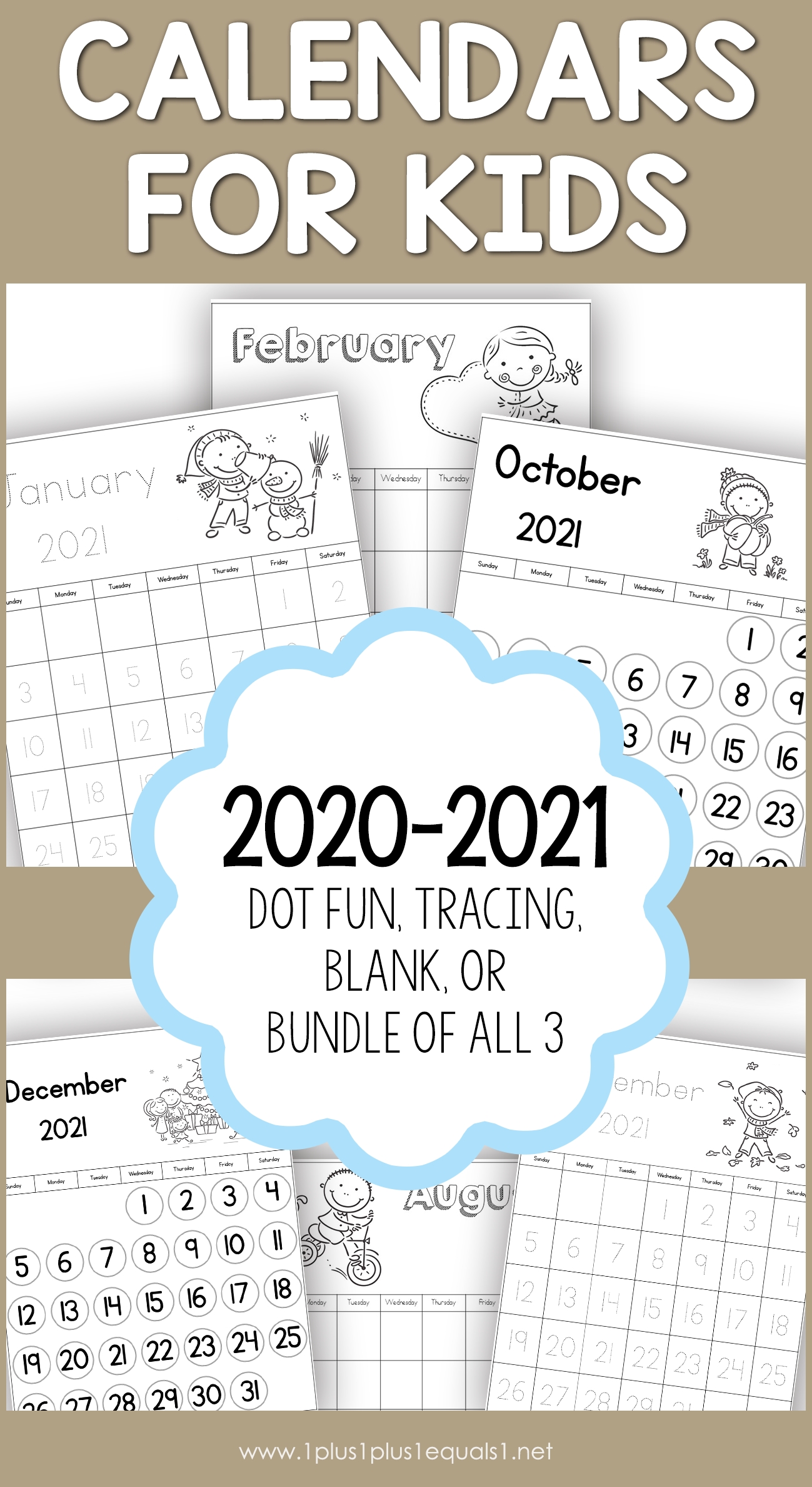 2020-2021 Calendars For Kids - 1+1+1=1