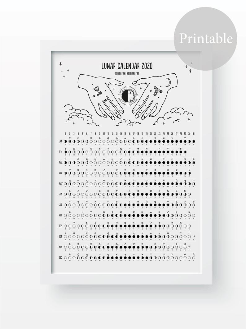 2020 &amp; 2021 Printable Lunar Calendar. Moon Phases. Digital With Zodiac  Signs Astrology A3 A4 Instant Download. Astropampa
