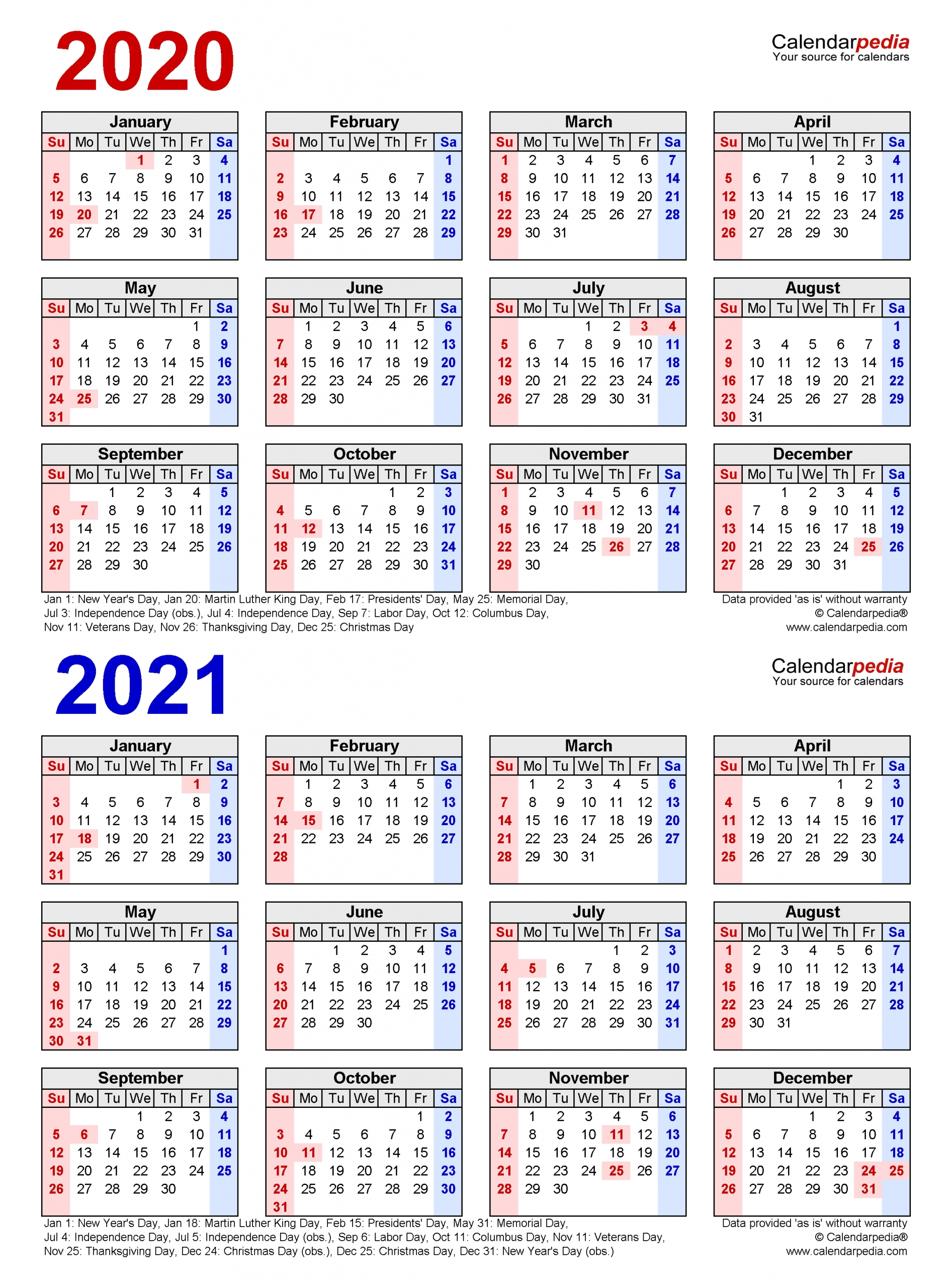 2020-2021 Two Year Calendar - Free Printable Word Templates