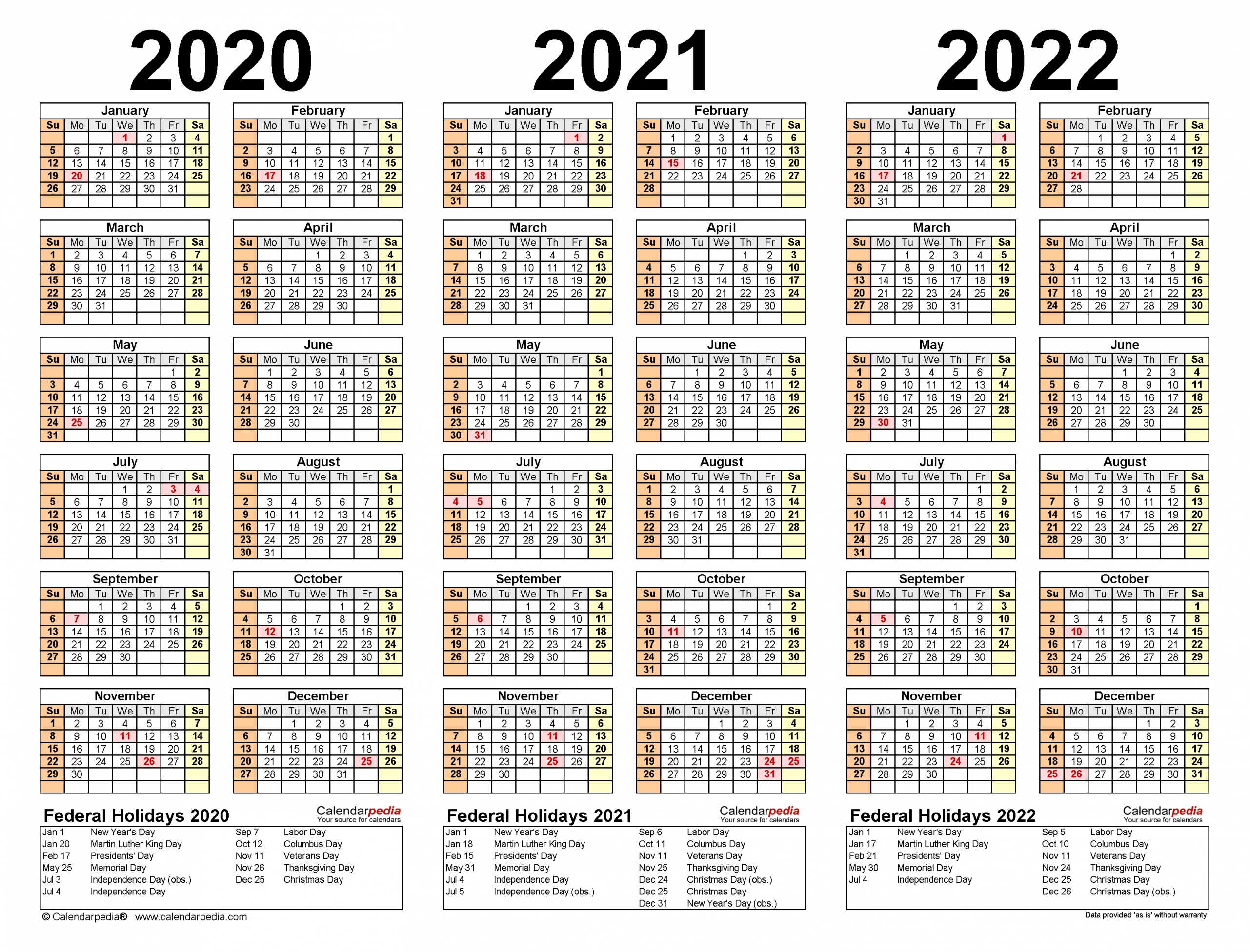 2020-2022 Three Year Calendar - Free Printable Pdf Templates