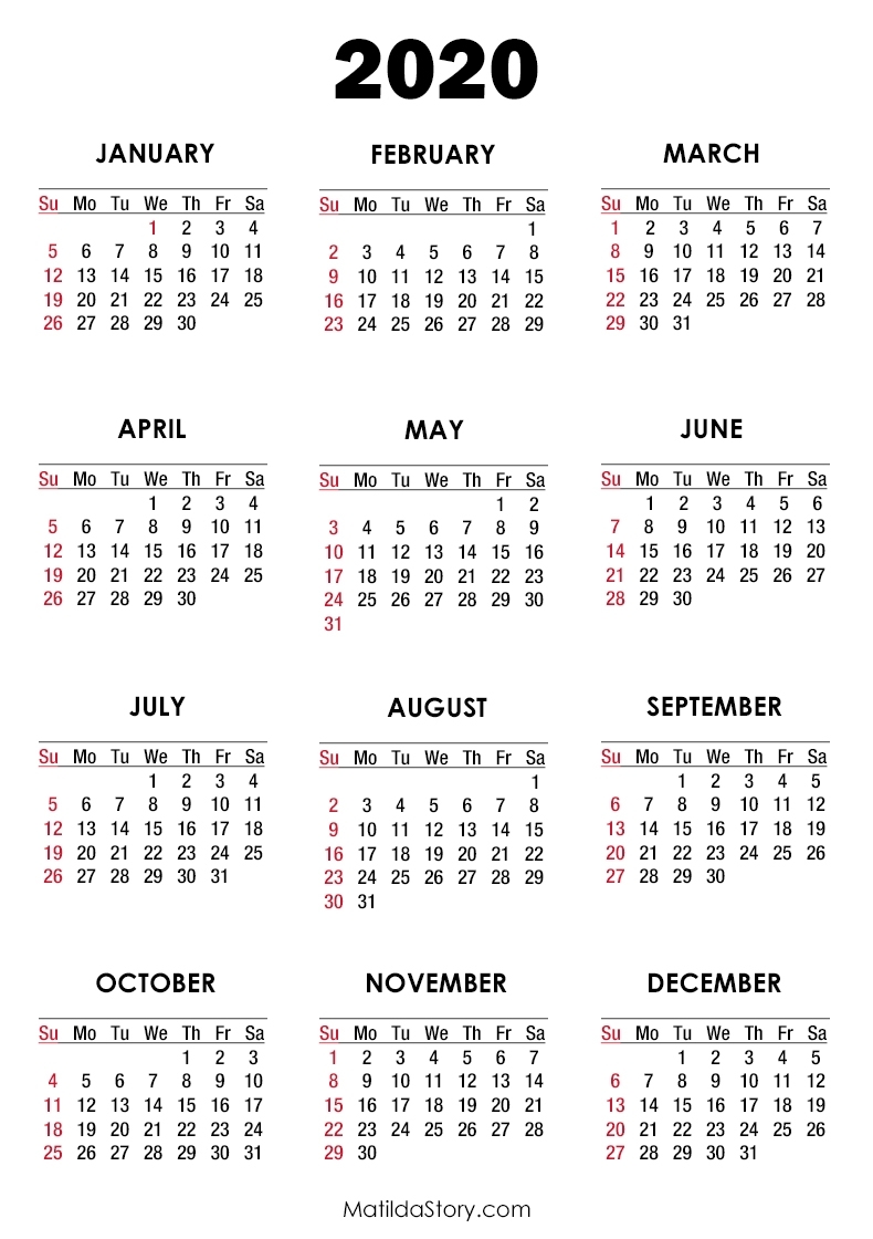 2020 Calendar Printable Free, White – Sunday Start