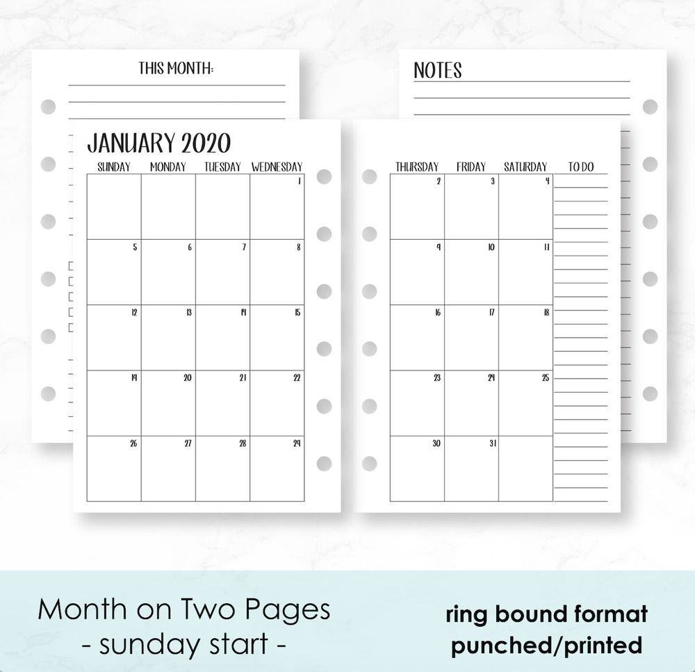 2020 Monthly Calendar Planner Fits Filofax Small 6 Ring