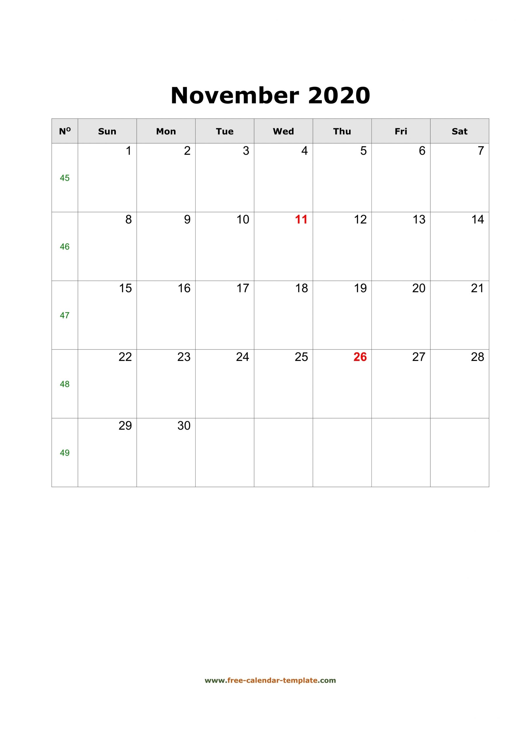 2020 November Calendar (Blank Vertical Template) | Free
