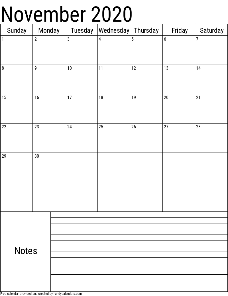 2020 November Calendars - Handy Calendars