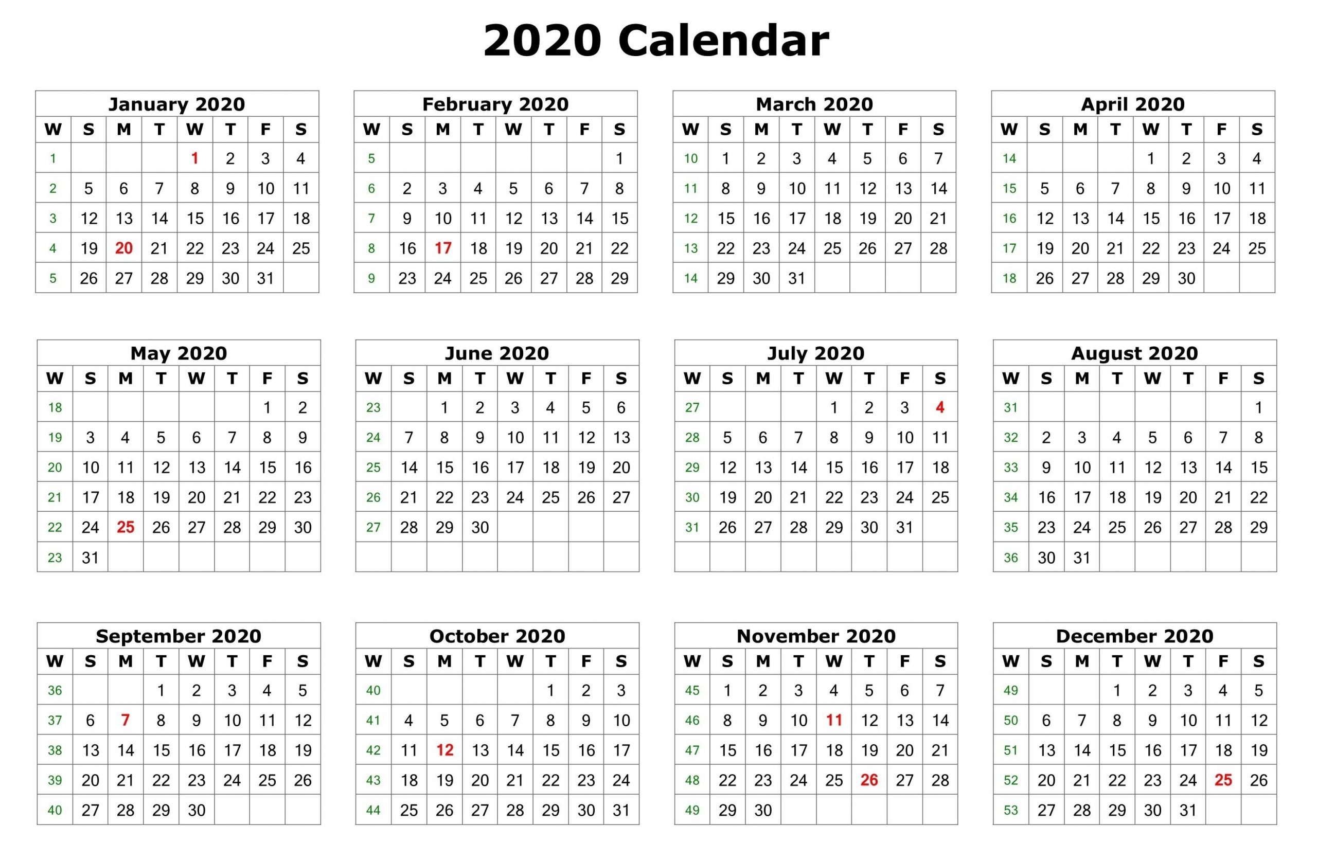 2020 One Page Calendar Printable | Calendar 2020 | 12 Month