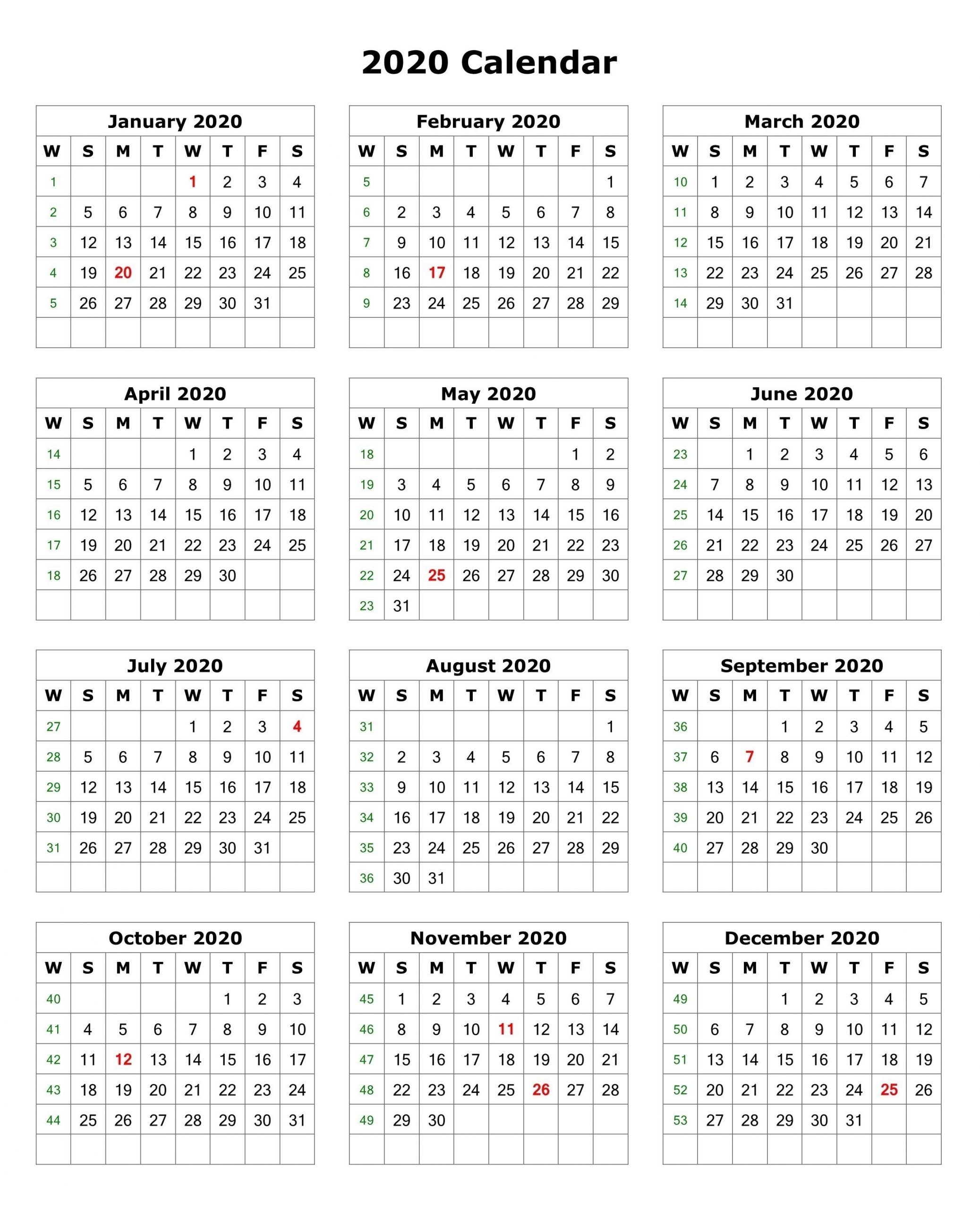 2020 One Page Calendar Printable | Calendar 2020 | Printable