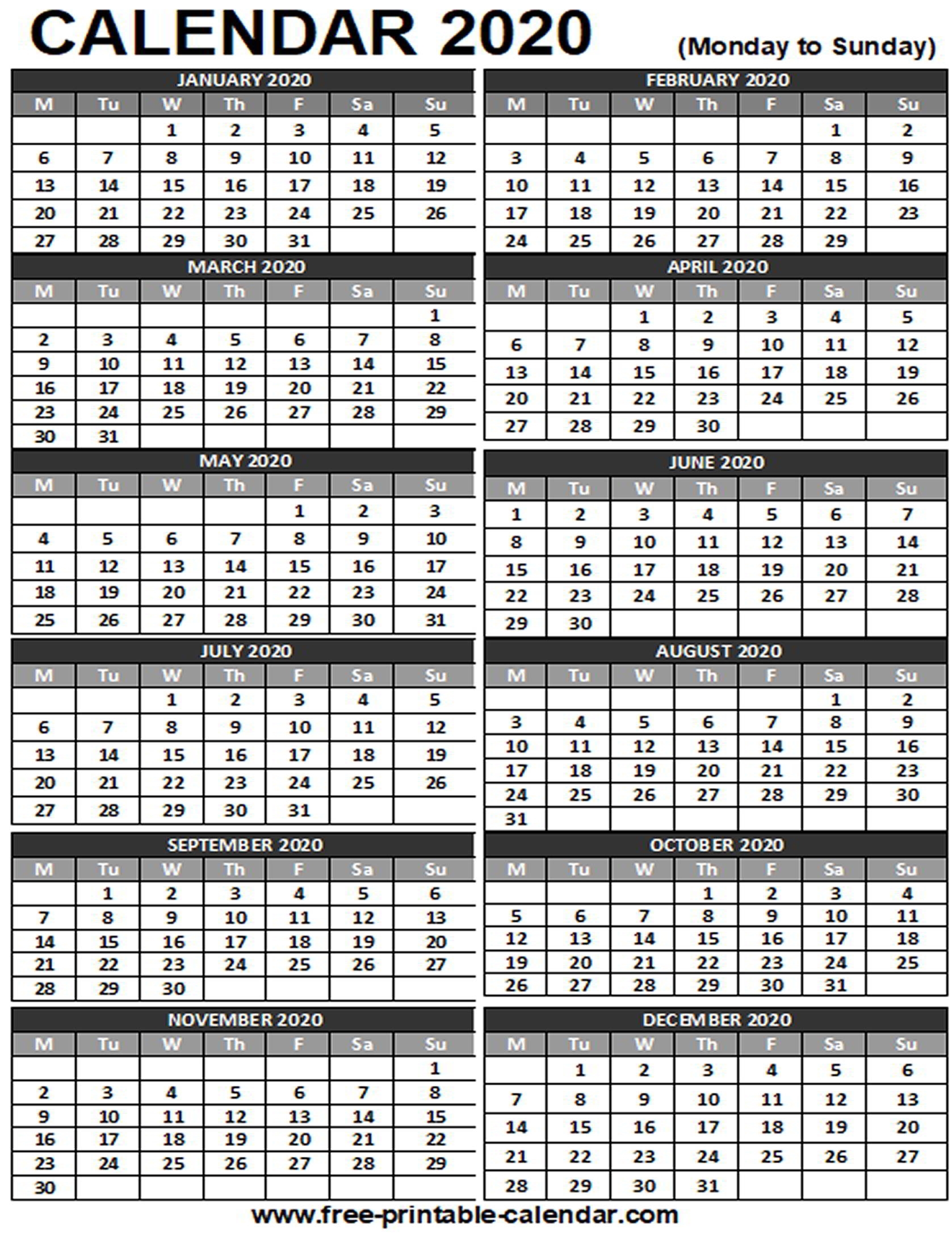 2020 Printable Calendar - Free-Printable-Calendar